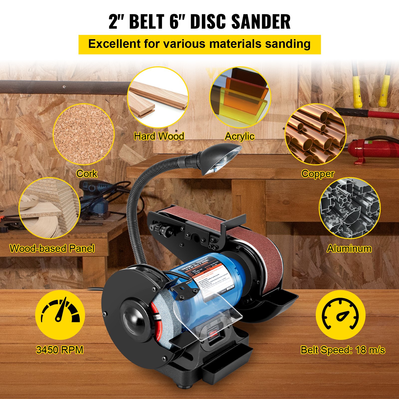 Lijadora de banda y disco VEVOR para madera dura, acrílico, cobre, corcho y aluminio. 3450 rpm