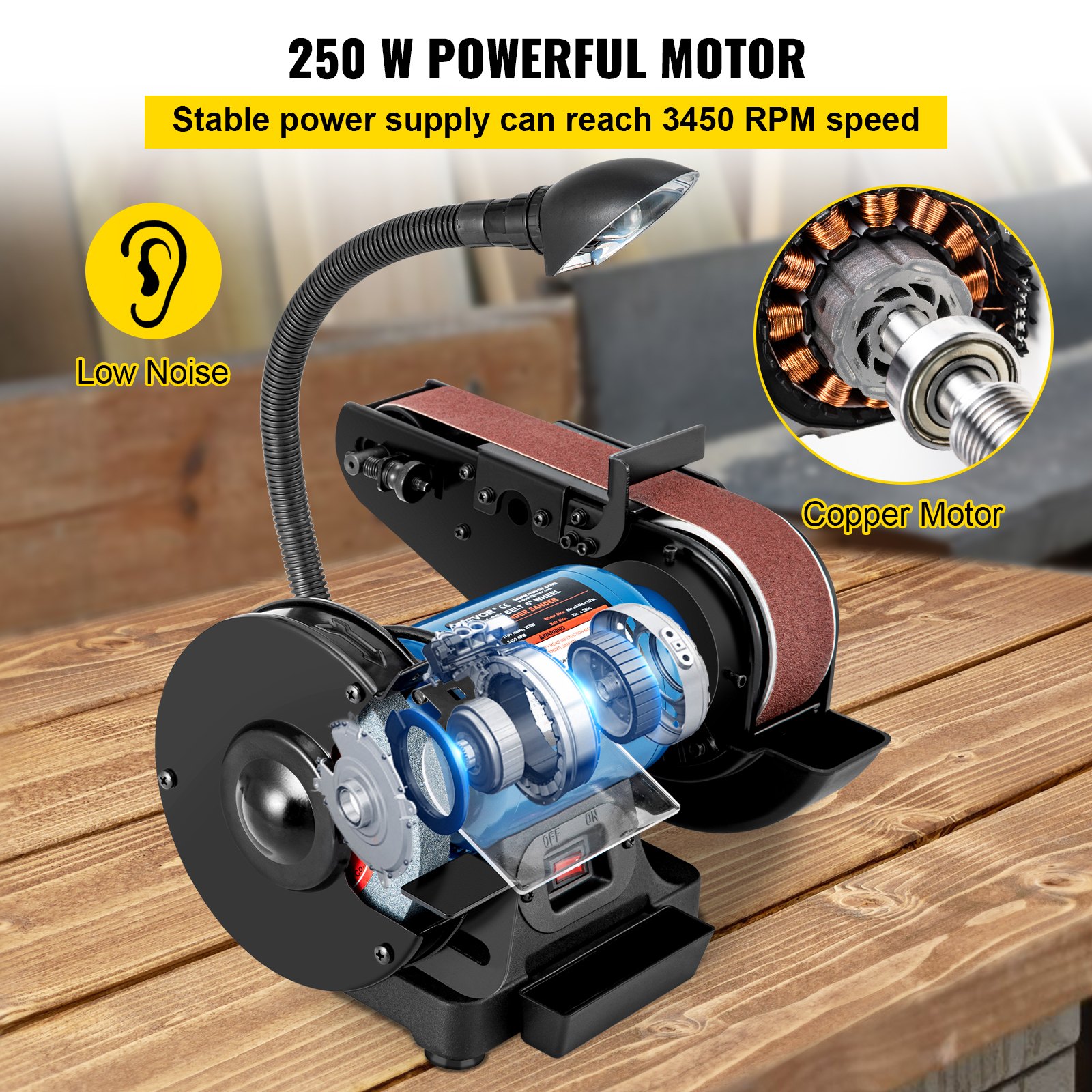 Lijadora de banda y disco VEVOR sobre mesa de madera con potente motor de cobre de 250w.