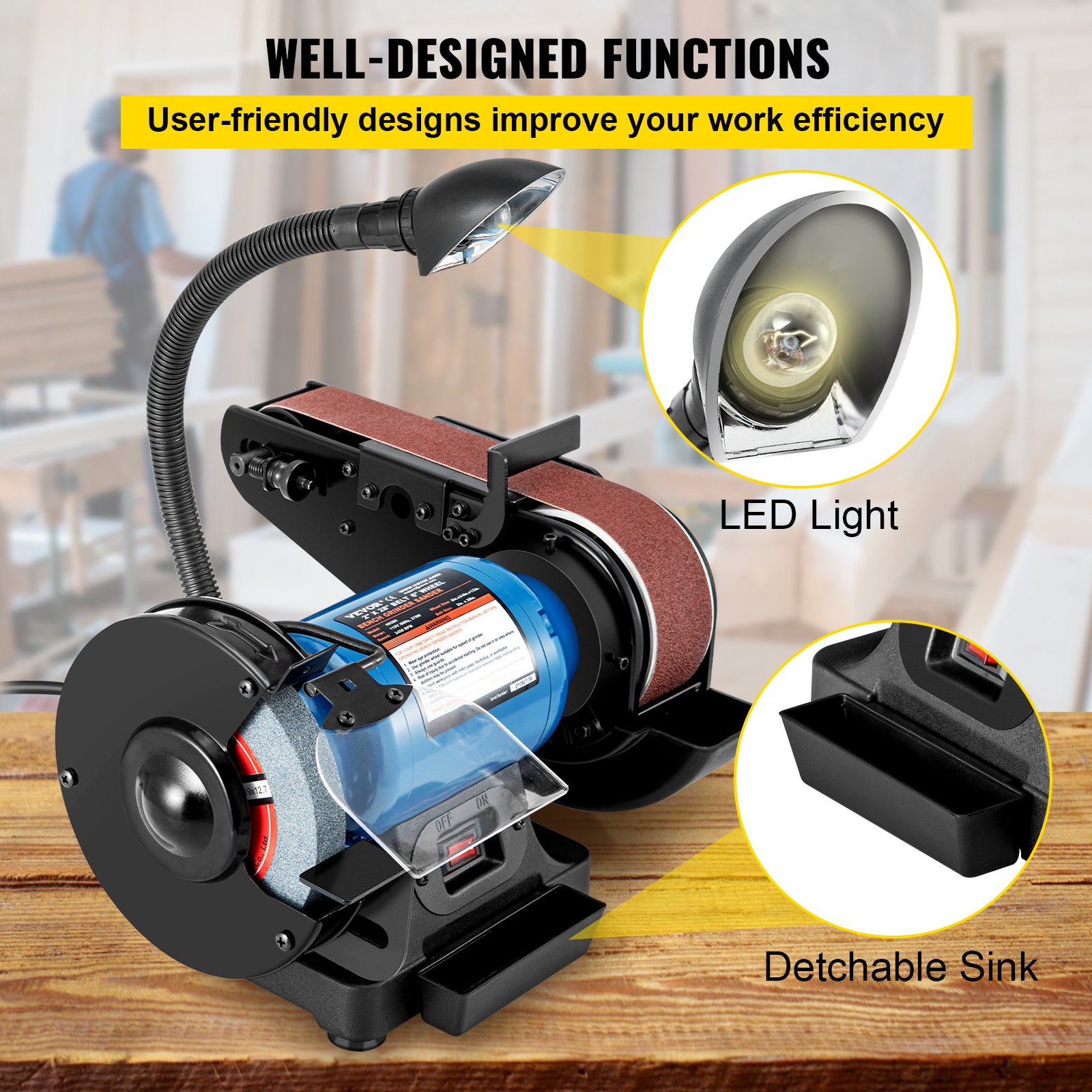 Lijadora de banda y disco VEVOR con luz led y fregadero desmontable para una mejor eficiencia.