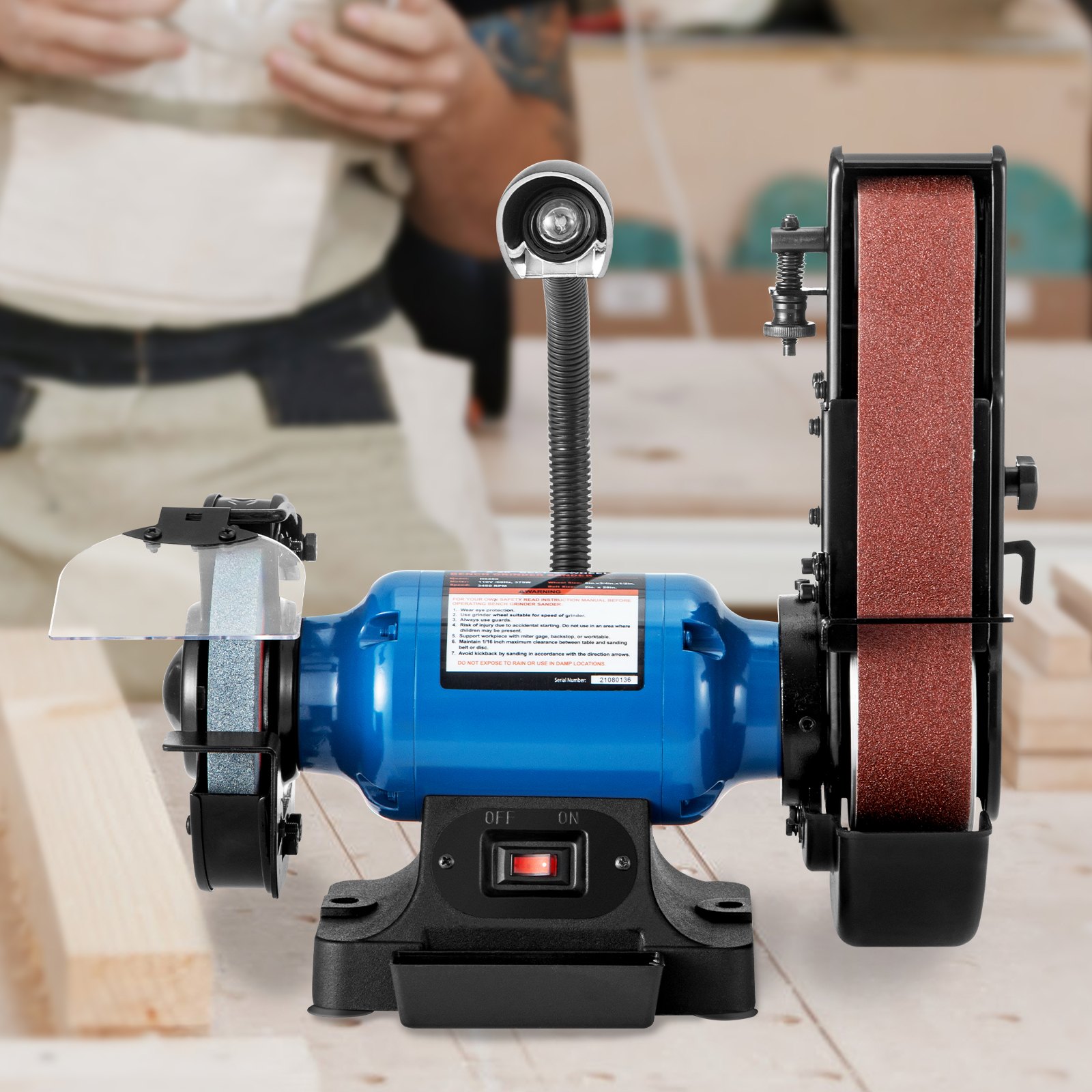 Lijadora de banda y disco VEVOR con motor azul, lámpara de banco de trabajo y protectores de seguridad.