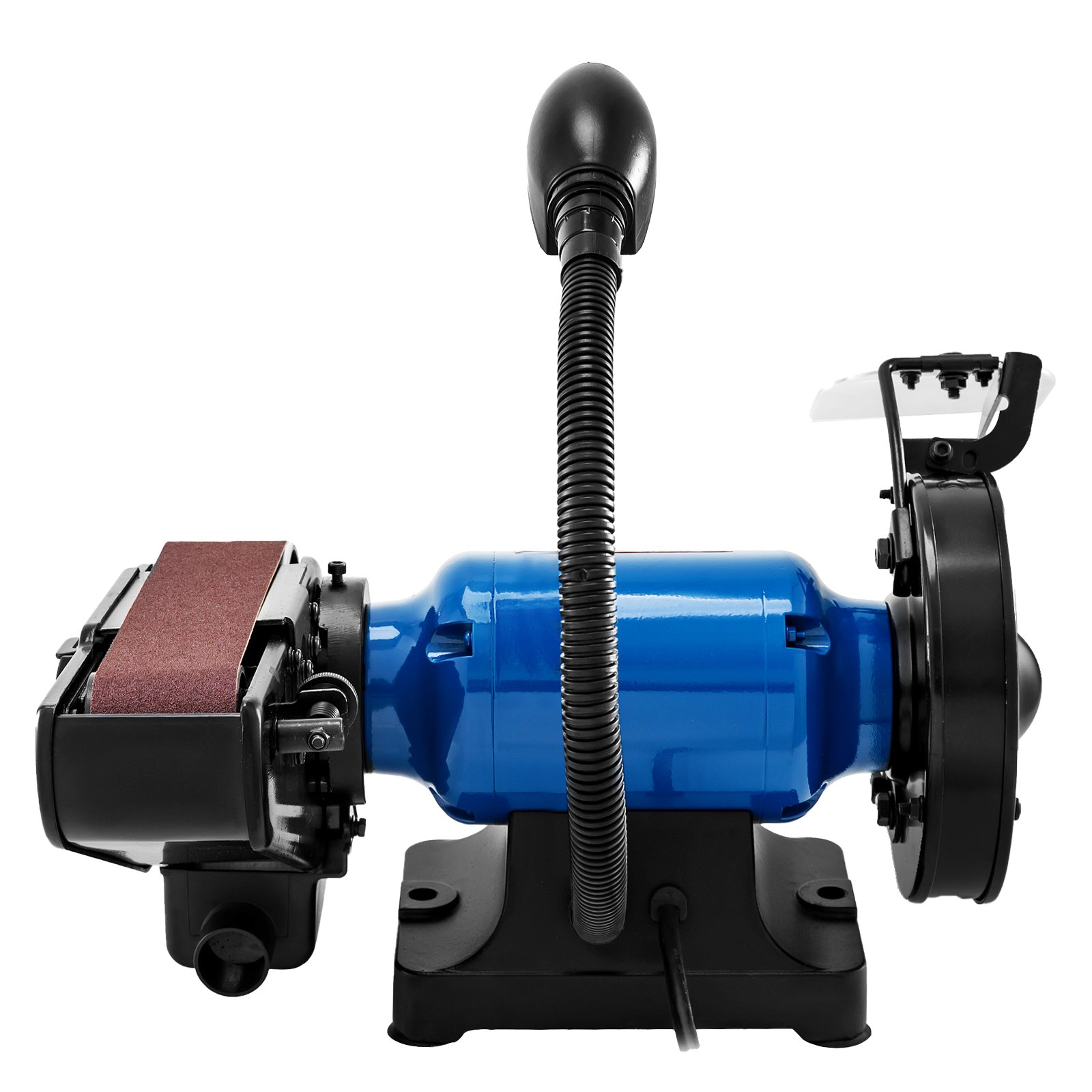 Lijadora de banda y disco VEVOR azul con luz de trabajo flexible y base negra resistente.