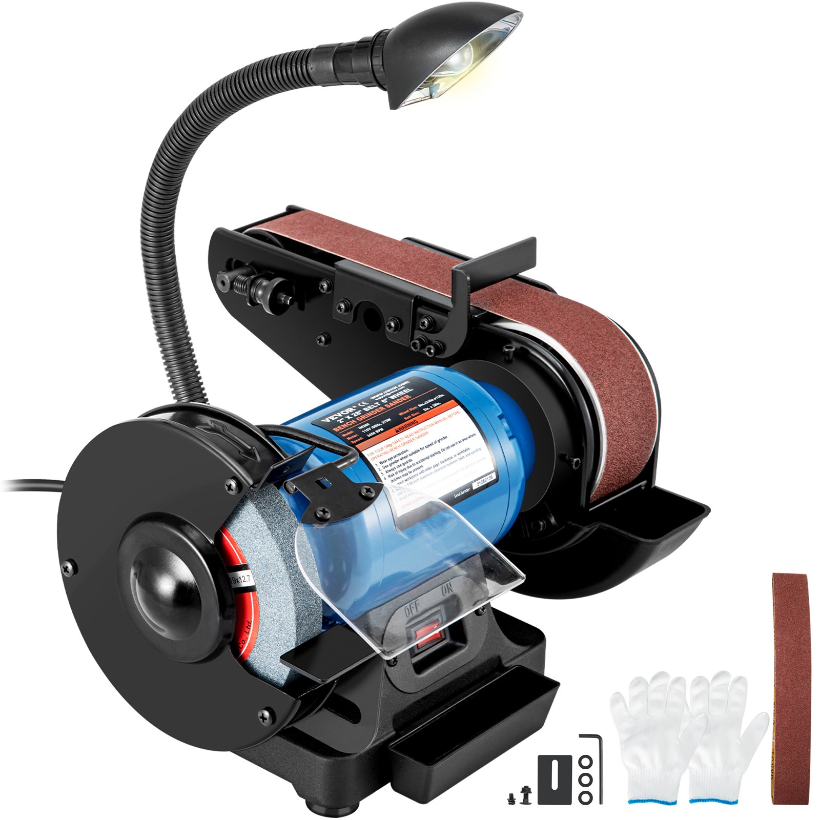 Amoladora de banda VEVOR 2 en 1 de 2 pulgadas para fabricación de cuchillos, lijadora de banco de banda y disco de 6 pulgadas, 3450 rpm, soporte de banda de 90 grados con base resistente y lámpara LED de trabajo.