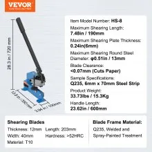VEVOR Cizalla manual de placa manual de 8 pulgadas para procesamiento de láminas de metal, cortador de mesa HS-8 con material Q235, para manualidades de acero grueso, máquina de prensa de rollo resistente para constructores, entusiastas del bricolaje