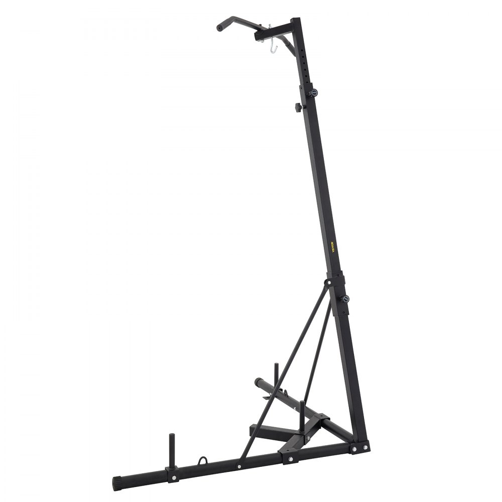 Soporte para saco pesado VEVOR, estructura de metal negro en ángulo con gancho y barras estabilizadoras.