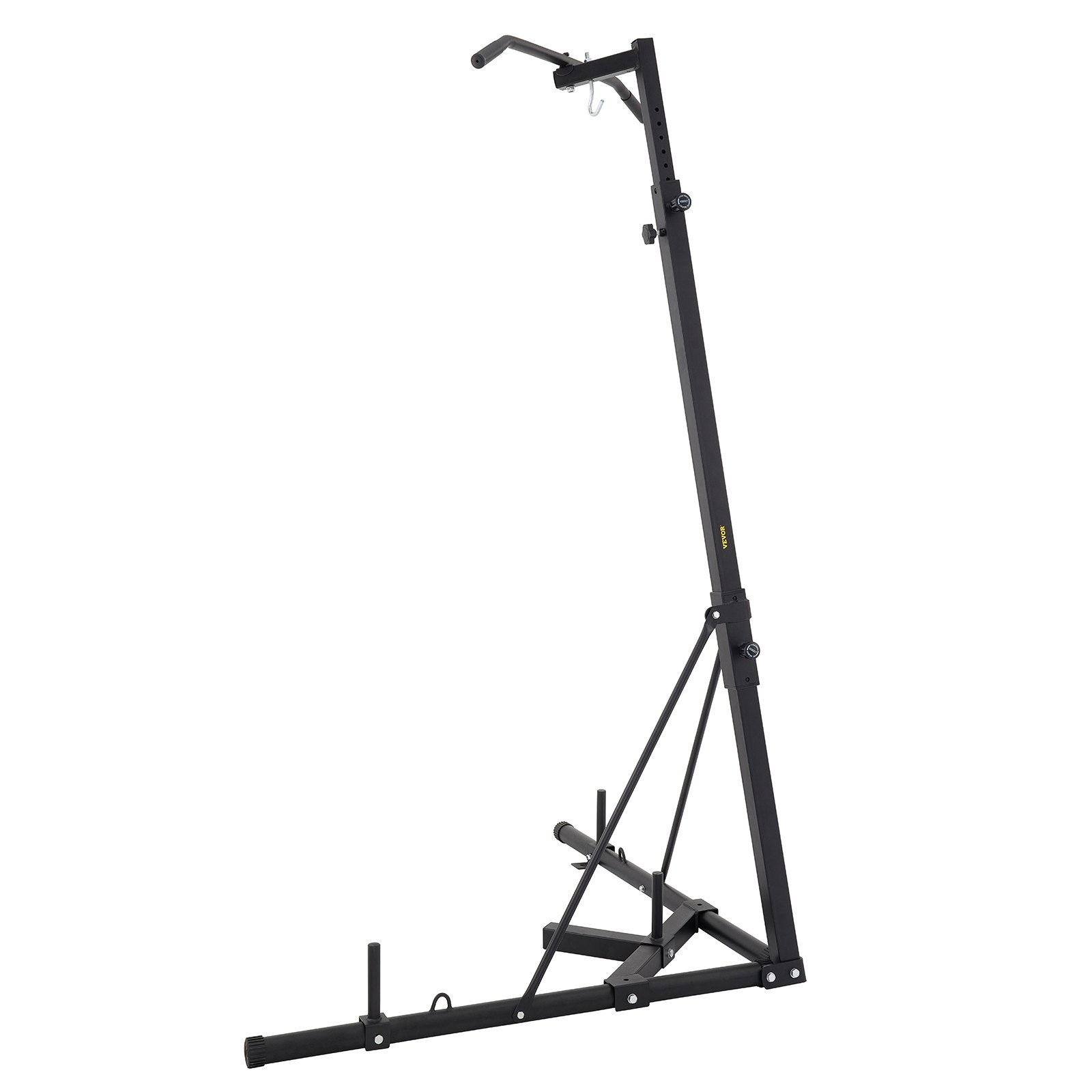 Soporte para saco pesado VEVOR, estructura de metal negro en ángulo con gancho y barras estabilizadoras.