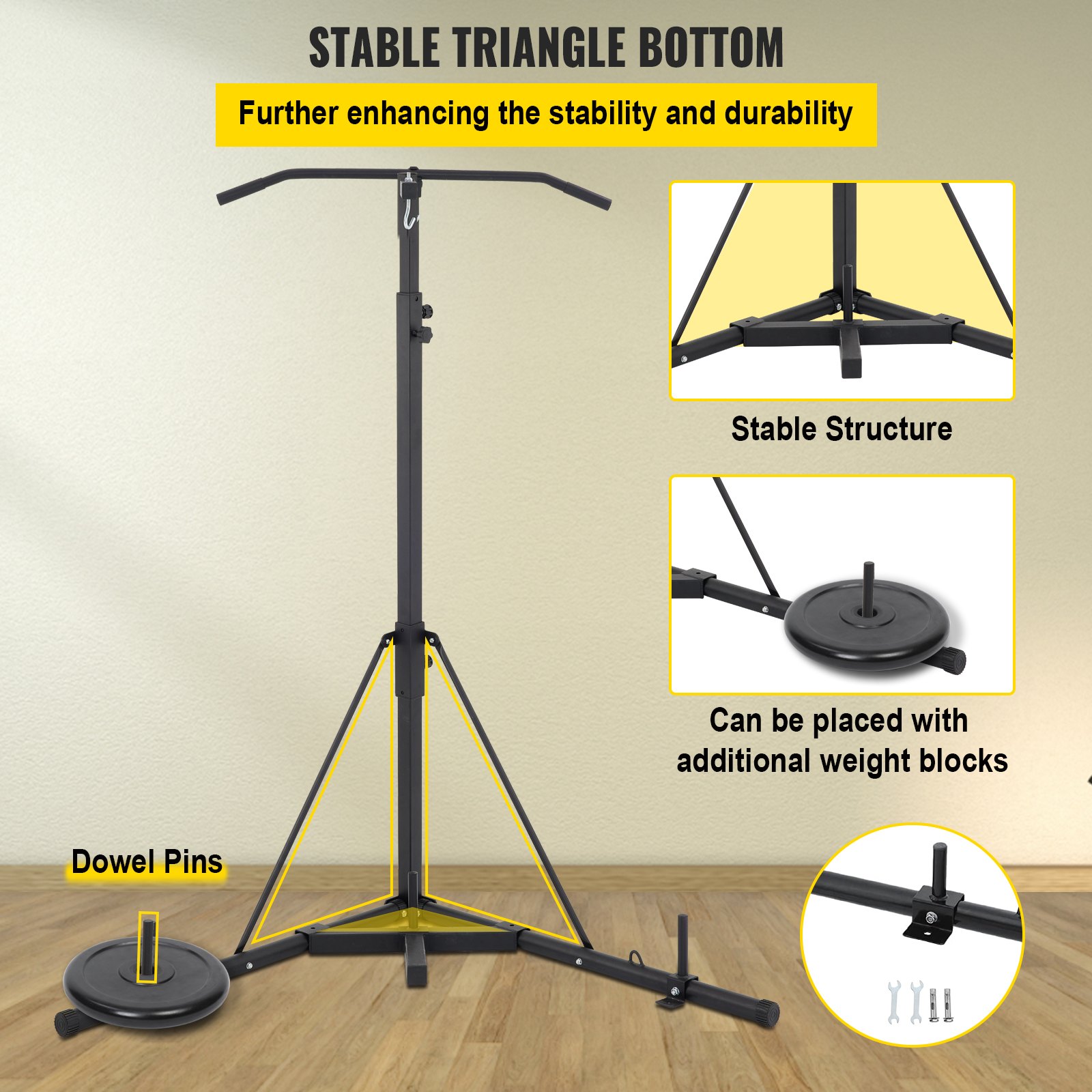 Soporte para saco pesado VEVOR con base triangular, pasadores y bloques de peso opcionales.
