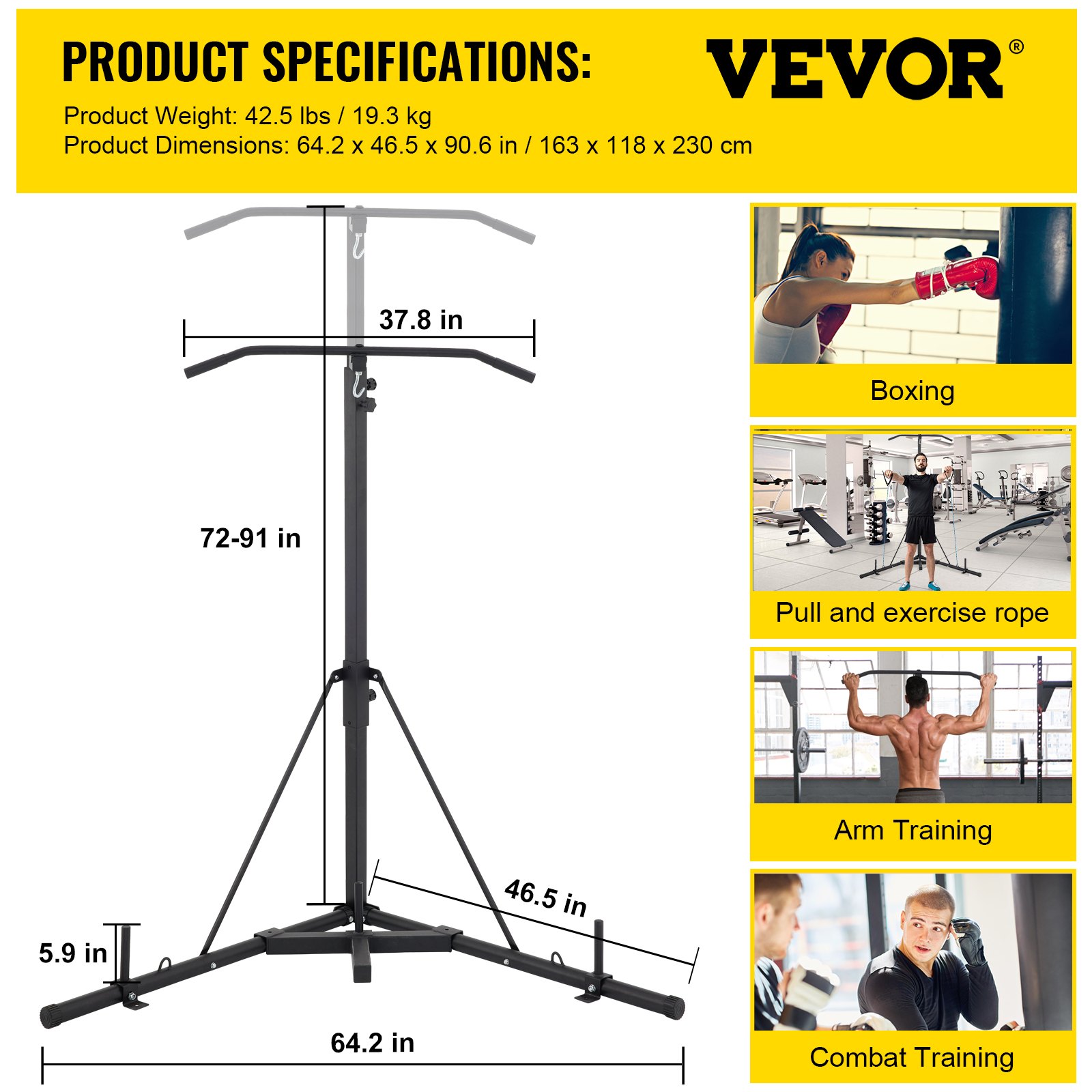 Especificaciones y uso del soporte para saco pesado VEVOR para boxeo, cuerda de tracción y ejercicio, entrenamiento de brazos y entrenamiento de combate.