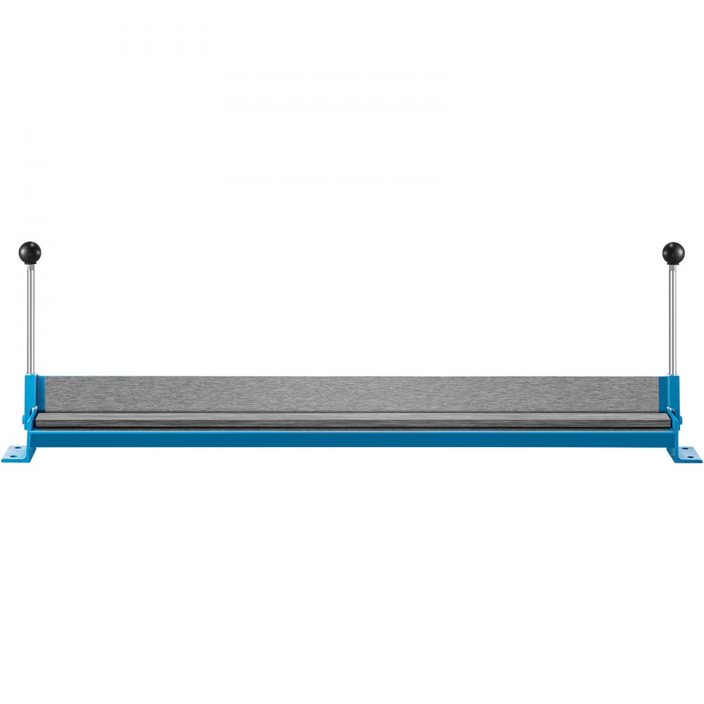 Freno de chapa azul VEVOR con manijas dobles y plataforma de doblado plateada.