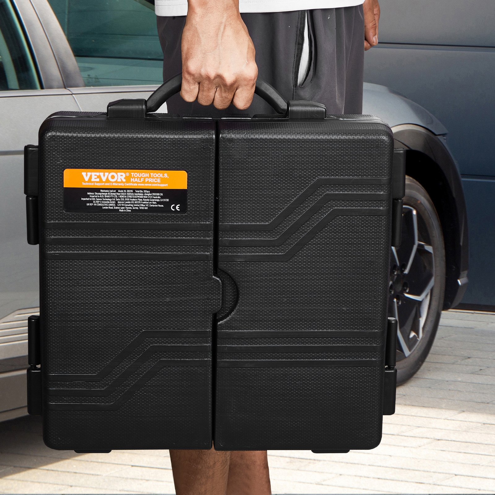 Juego de herramientas mecánicas VEVOR de 207 piezas, con dados de 1/4", 3/8" y 1/2", SAE y métrico, con puntas, llaves, trinquete, accesorios y estuche de plástico para reparación de automóviles.