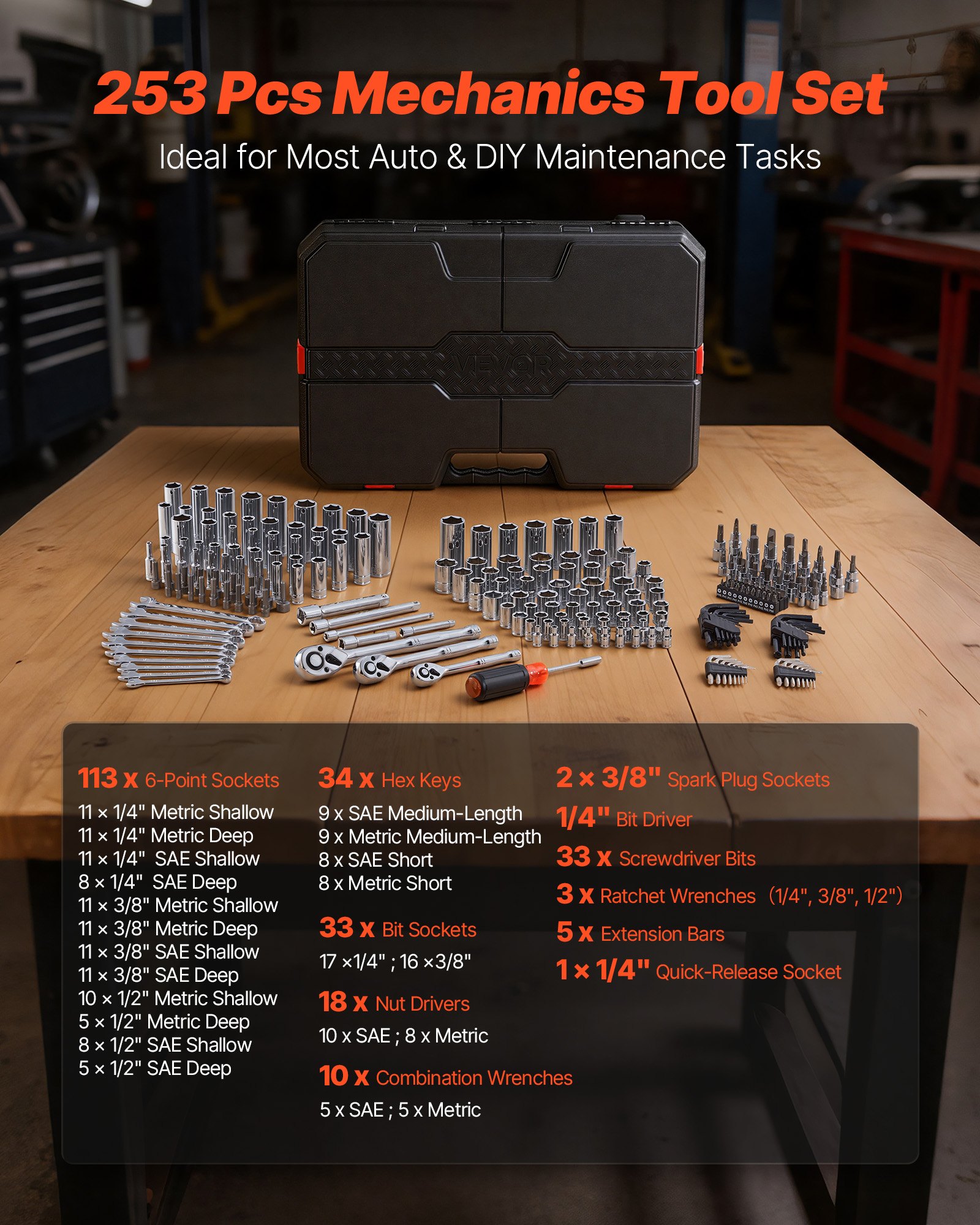 Juego de herramientas mecánicas VEVOR de 253 piezas con entrada de 1/4", 3/8" y 1/2", juego de dados SAE y métricos, llaves, puntas de destornillador, accesorios y estuche para reparación de automóviles.