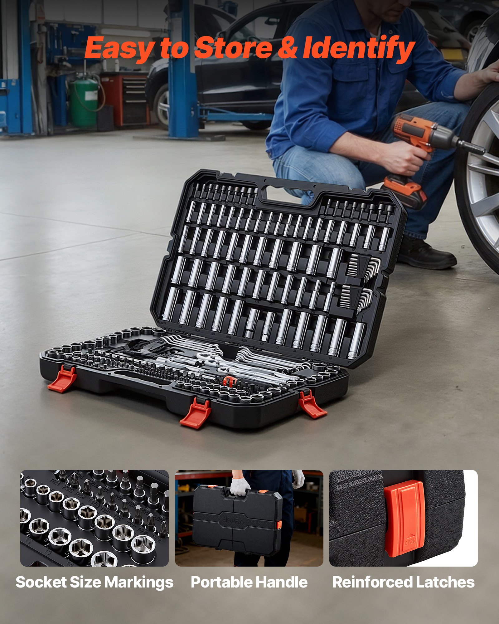 Juego de herramientas mecánicas VEVOR de 253 piezas con entrada de 1/4", 3/8" y 1/2", juego de dados SAE y métricos, llaves, puntas de destornillador, accesorios y estuche para reparación de automóviles.