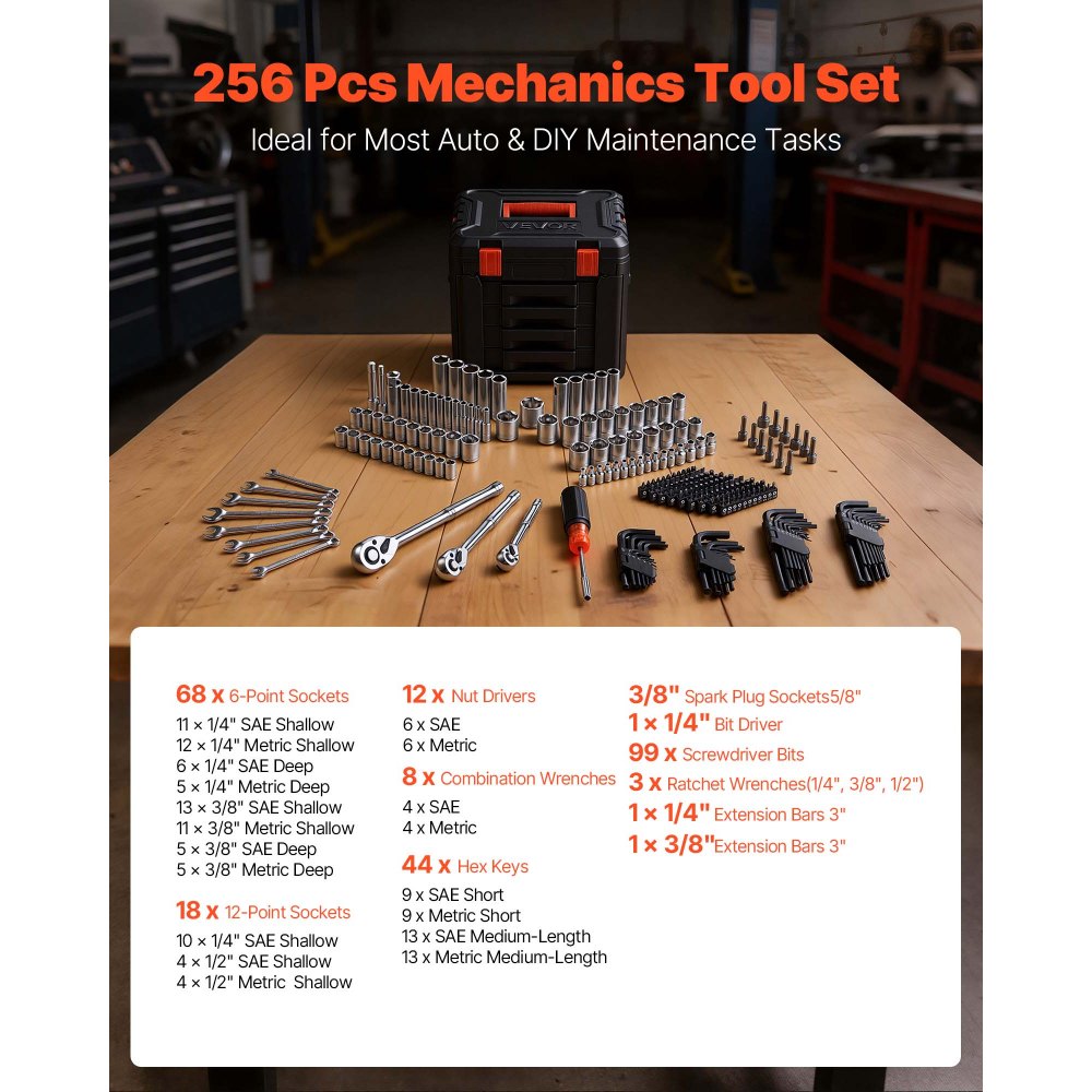 Juego de herramientas mecánicas VEVOR, kit de 256 piezas, con medidas de 1/4 pulg., 3/8 pulg. y 1/2 pulg., juego de vasos SAE y métricos, llaves, puntas de destornillador, accesorios y estuche de almacenamiento, para reparación de automóviles.