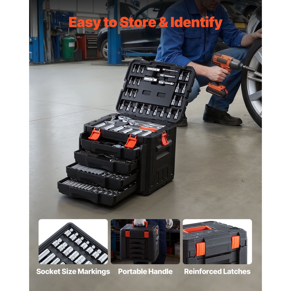 Juego de herramientas mecánicas VEVOR, kit de 297 piezas, con medidas de 1/4 pulg., 3/8 pulg. y 1/2 pulg., juego de vasos SAE y métricos, llaves, puntas de destornillador, accesorios y estuche de almacenamiento, para reparación de automóviles.