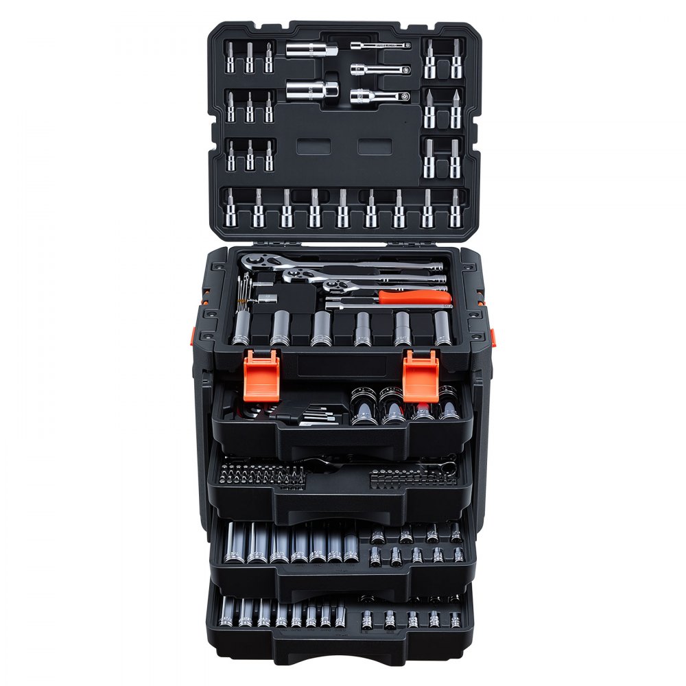 Juego de herramientas mecánicas VEVOR, kit de 297 piezas, con medidas de 1/4 pulg., 3/8 pulg. y 1/2 pulg., juego de vasos SAE y métricos, llaves, puntas de destornillador, accesorios y estuche de almacenamiento, para reparación de automóviles.