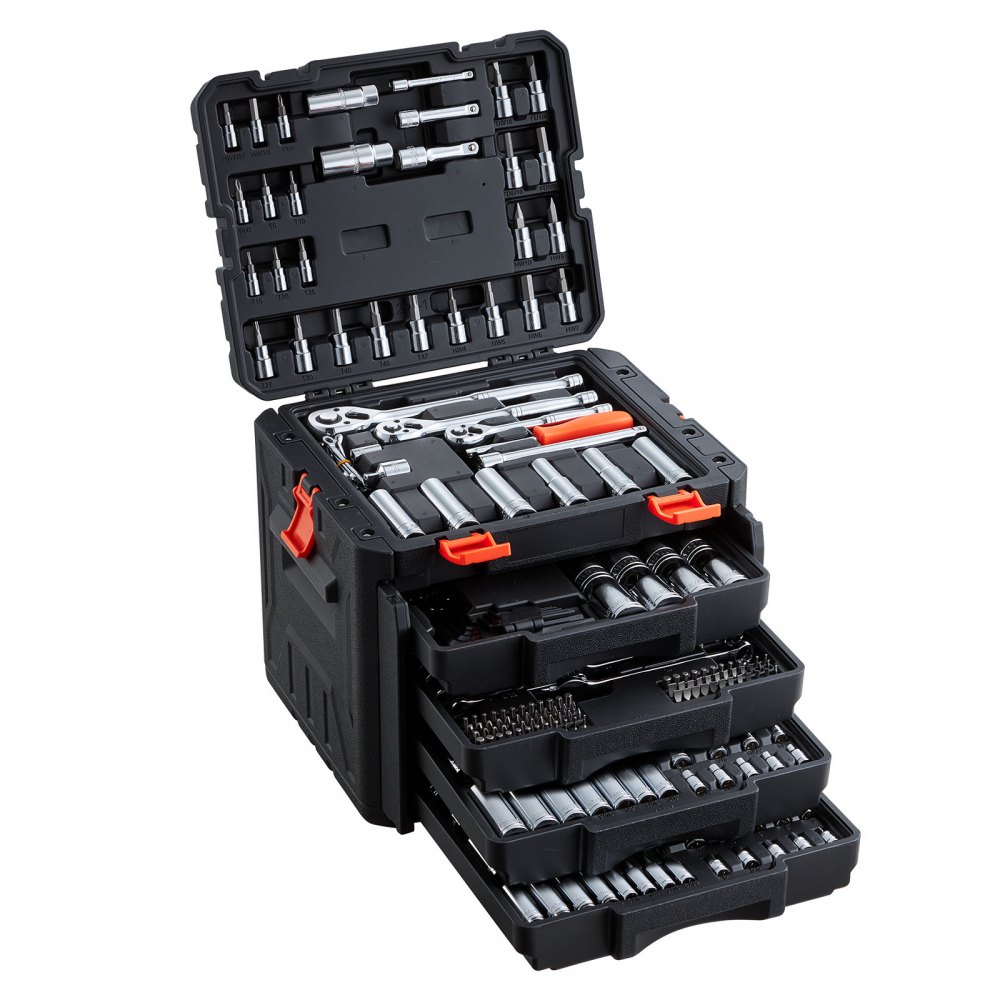 Juego de herramientas mecánicas VEVOR, kit de 297 piezas, con medidas de 1/4 pulg., 3/8 pulg. y 1/2 pulg., juego de vasos SAE y métricos, llaves, puntas de destornillador, accesorios y estuche de almacenamiento, para reparación de automóviles.