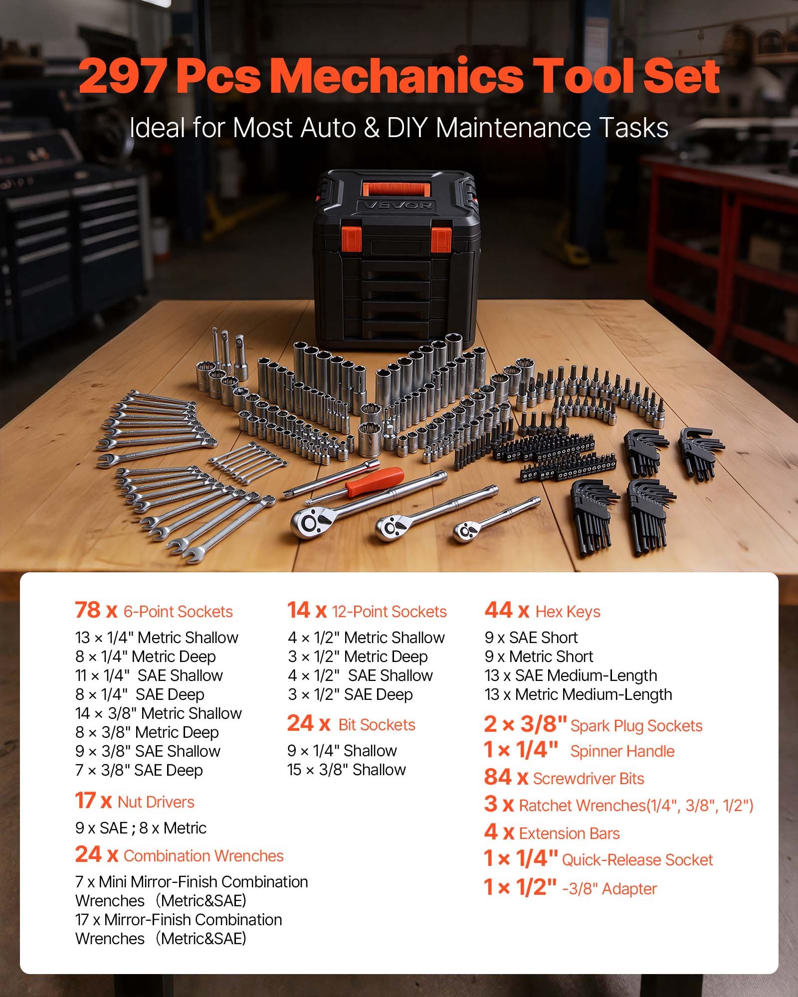 Juego de herramientas mecánicas VEVOR, kit de 297 piezas, con medidas de 1/4 pulg., 3/8 pulg. y 1/2 pulg., juego de vasos SAE y métricos, llaves, puntas de destornillador, accesorios y estuche de almacenamiento, para reparación de automóviles.