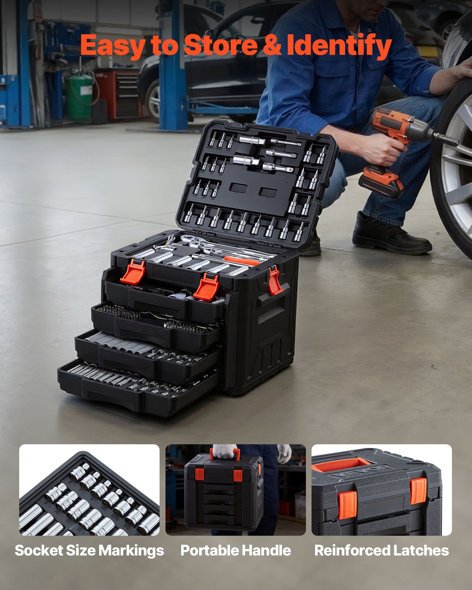 Juego de herramientas mecánicas VEVOR, kit de 297 piezas, con medidas de 1/4 pulg., 3/8 pulg. y 1/2 pulg., juego de vasos SAE y métricos, llaves, puntas de destornillador, accesorios y estuche de almacenamiento, para reparación de automóviles.