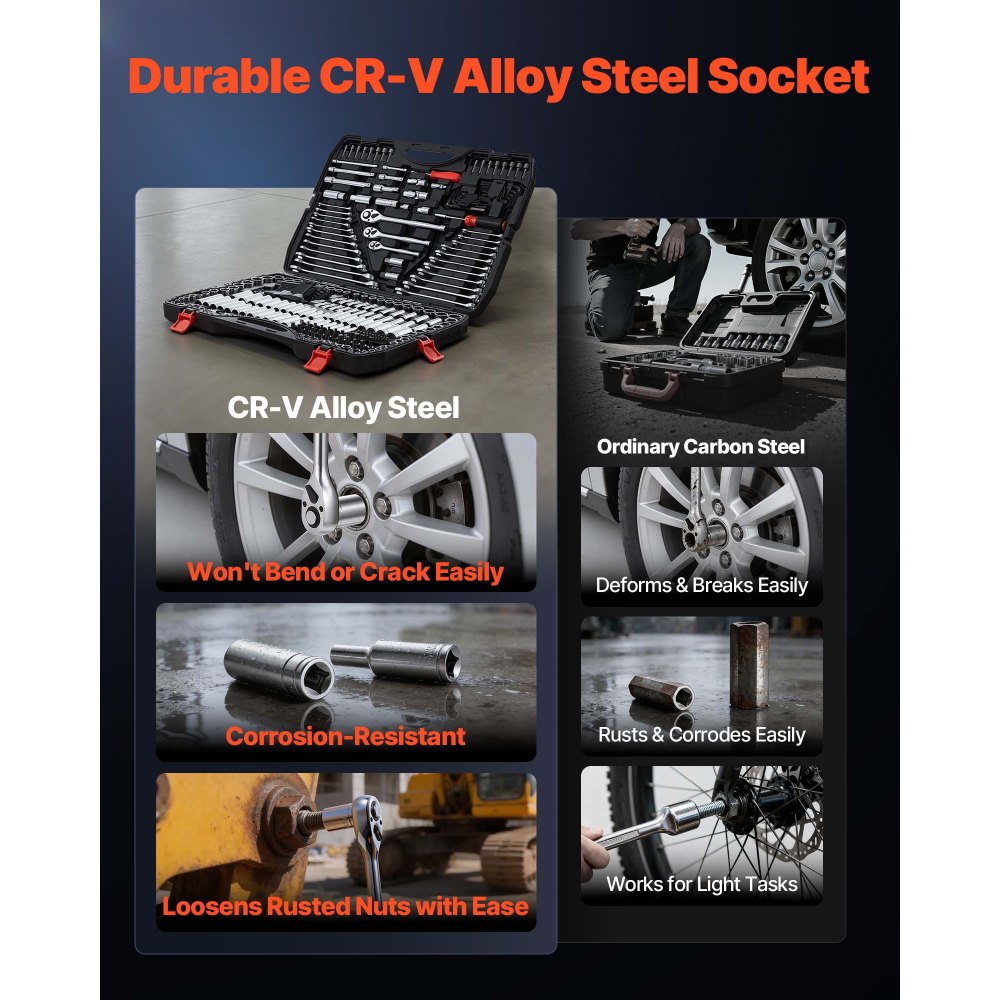 Juego de herramientas mecánicas VEVOR de 308 piezas con entrada de 1/4", 3/8" y 1/2", juego de dados SAE y métricos, llaves, puntas de destornillador, accesorios y estuche para reparación de automóviles.