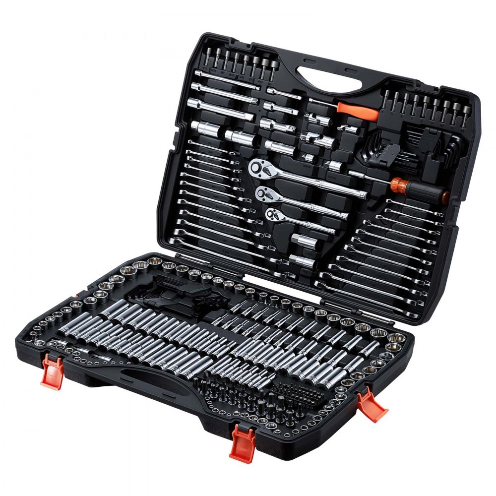 Juego de herramientas mecánicas VEVOR de 308 piezas con entrada de 1/4", 3/8" y 1/2", juego de dados SAE y métricos, llaves, puntas de destornillador, accesorios y estuche para reparación de automóviles.