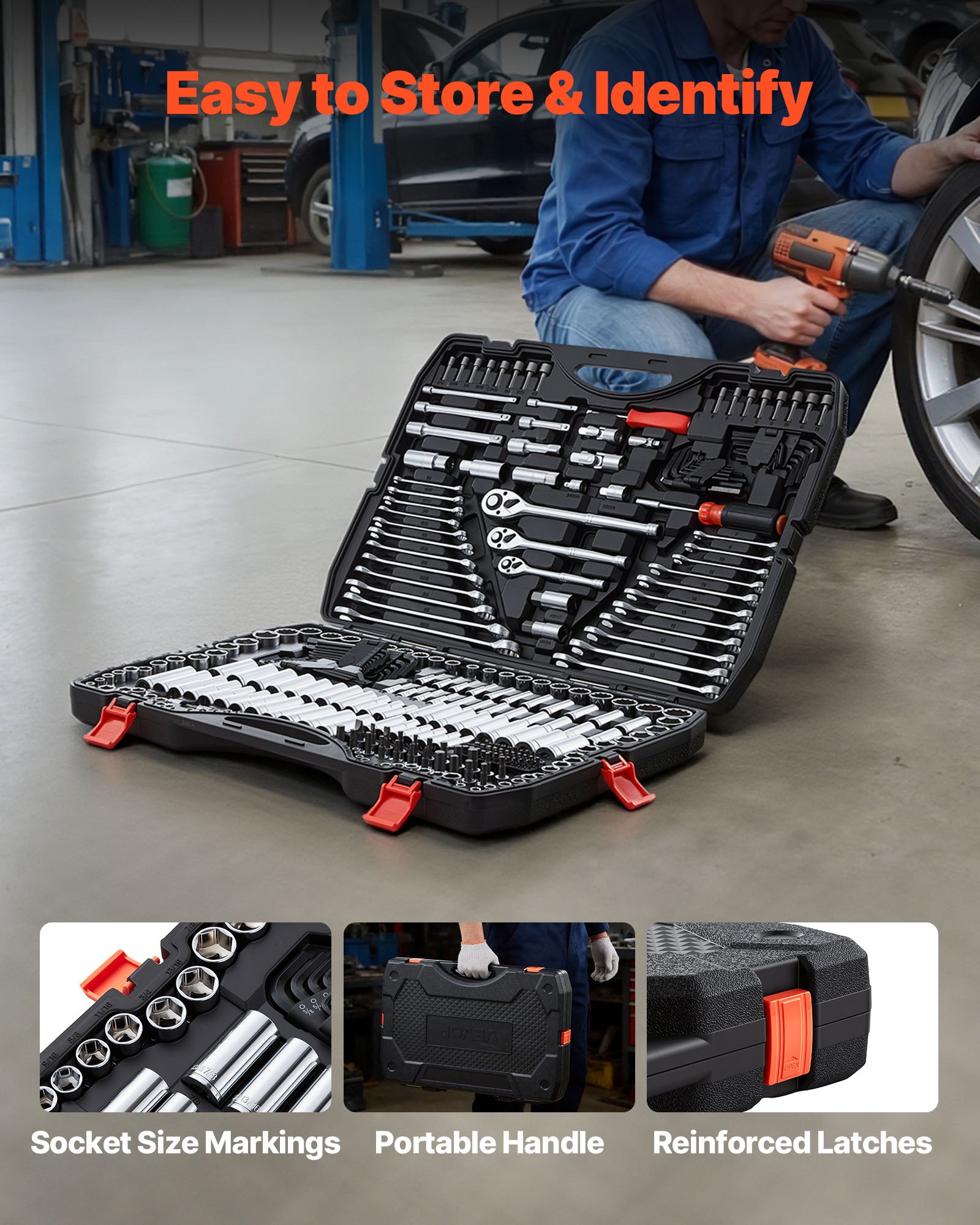 Juego de herramientas mecánicas VEVOR de 308 piezas con entrada de 1/4", 3/8" y 1/2", juego de dados SAE y métricos, llaves, puntas de destornillador, accesorios y estuche para reparación de automóviles.