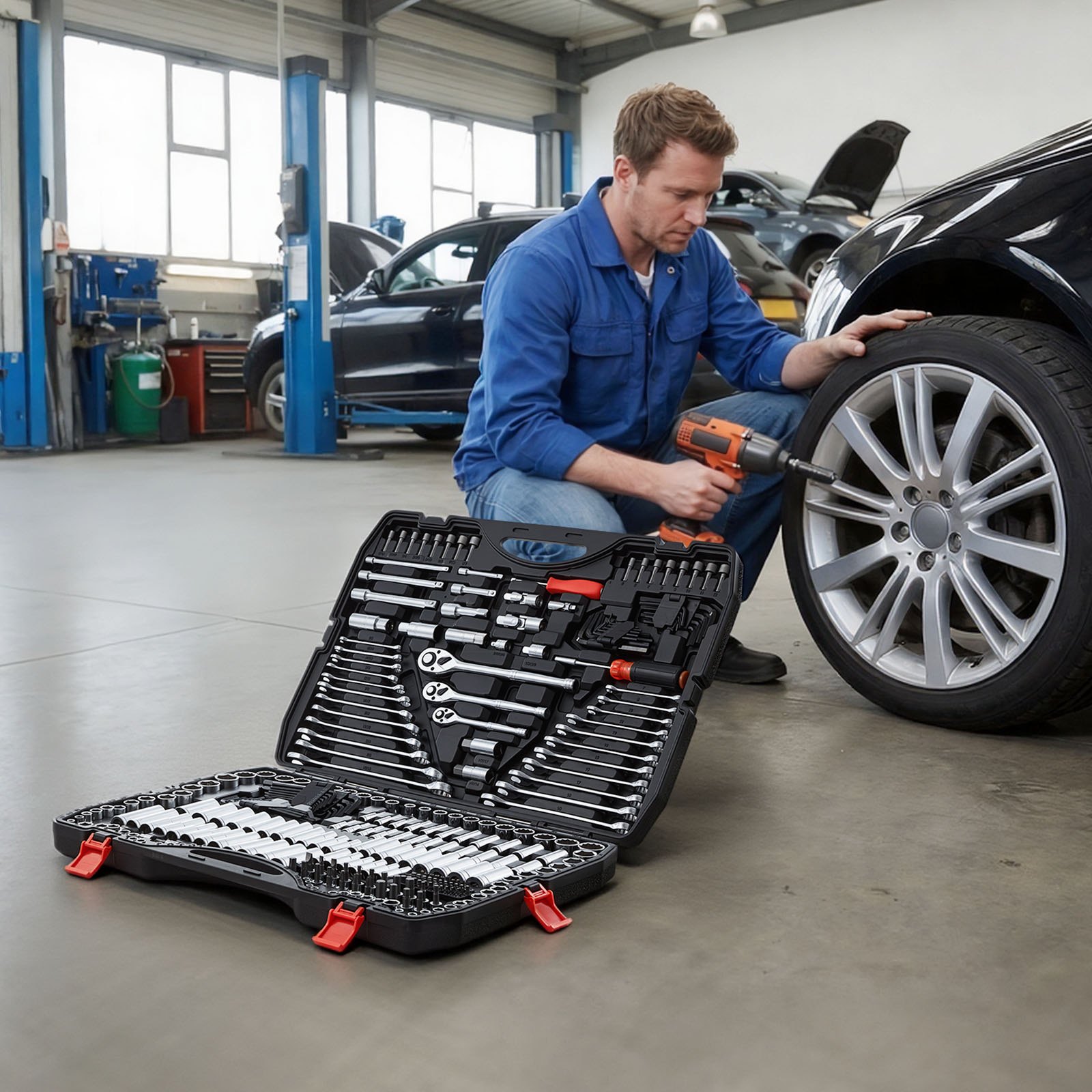 Juego de herramientas mecánicas VEVOR de 308 piezas con entrada de 1/4", 3/8" y 1/2", juego de dados SAE y métricos, llaves, puntas de destornillador, accesorios y estuche para reparación de automóviles.