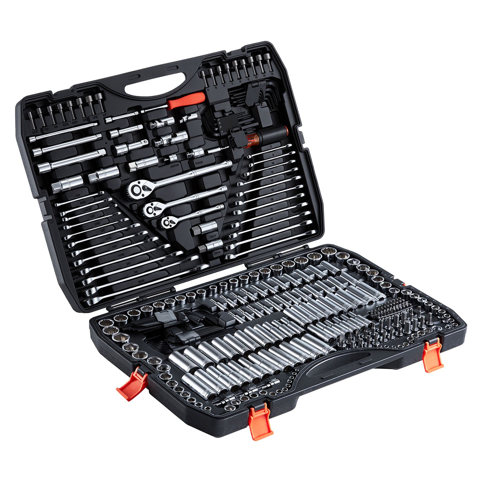 Juego de herramientas mecánicas VEVOR de 308 piezas con entrada de 1/4", 3/8" y 1/2", juego de dados SAE y métricos, llaves, puntas de destornillador, accesorios y estuche para reparación de automóviles.