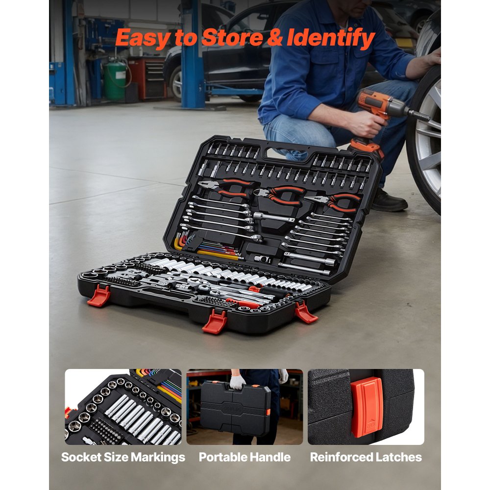 VEVOR Juego de Herramientas Mecánicas de 314 Piezas, Juego de Dados Métricos, Llaves, Puntas de Destornillador, Accesorios y Estuche, con Etiquetas de Tamaño para Reparaciones de Automóviles, Hogar