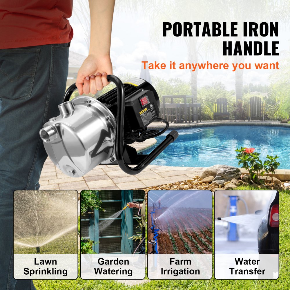Bomba para pozos poco profundos VEVOR, 1.1 HP, 115 V, 978 GPH, 131 pies de altura, presión máxima de 40 psi, aspersor portátil de acero inoxidable para sistemas de riego de jardines, fuentes de lagos y transferencia de agua.