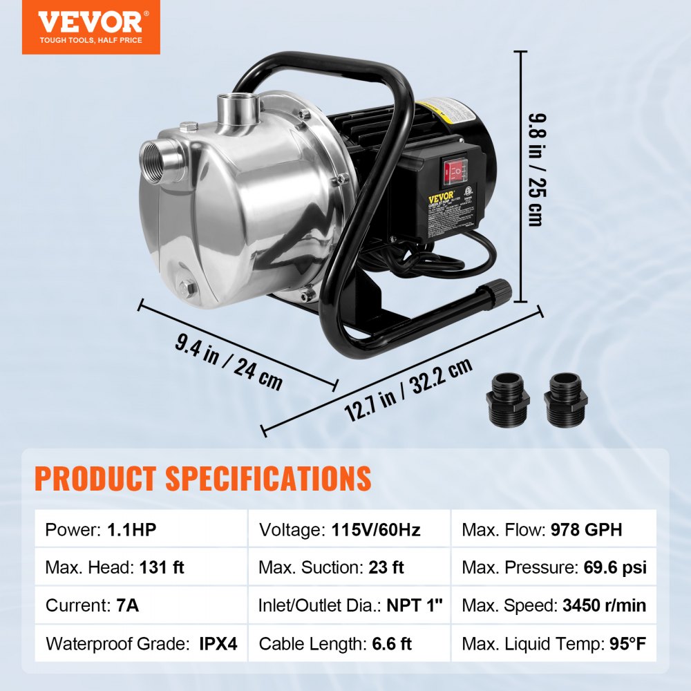 Bomba para pozos poco profundos VEVOR, 1.1 HP, 115 V, 978 GPH, 131 pies de altura, presión máxima de 40 psi, aspersor portátil de acero inoxidable para sistemas de riego de jardines, fuentes de lagos y transferencia de agua.