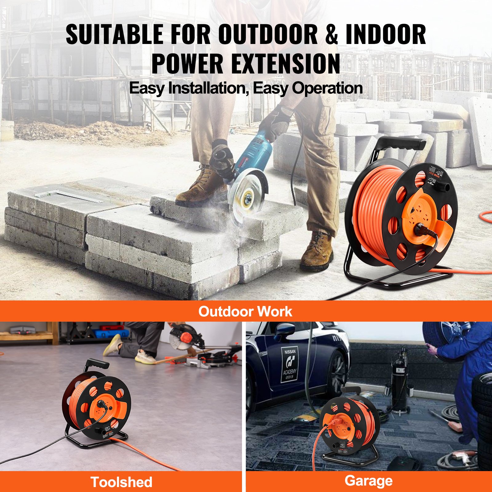 VEVOR - Carrete de cable alargador de 30 m (100 pies), con 4 tomas y cubierta antipolvo, cable de alimentación SJTOW de 12 AWG resistente, manual con asa portátil y disyuntor, para cobertizo de herramientas y garaje, probado según las normas UL.