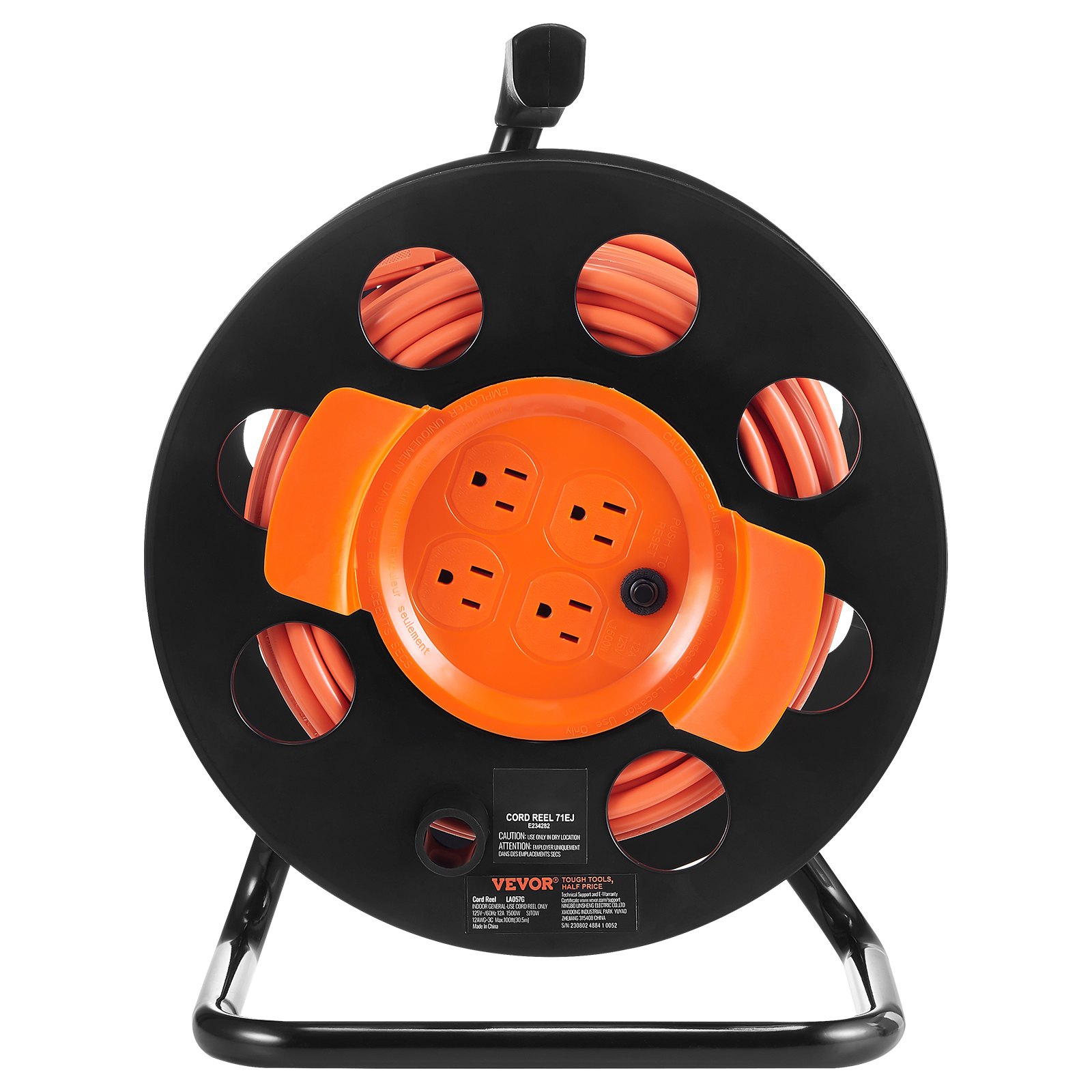 VEVOR - Carrete de cable alargador de 30 m (100 pies), con 4 tomas y cubierta antipolvo, cable de alimentación SJTOW de 12 AWG resistente, manual con asa portátil y disyuntor, para cobertizo de herramientas y garaje, probado según las normas UL.