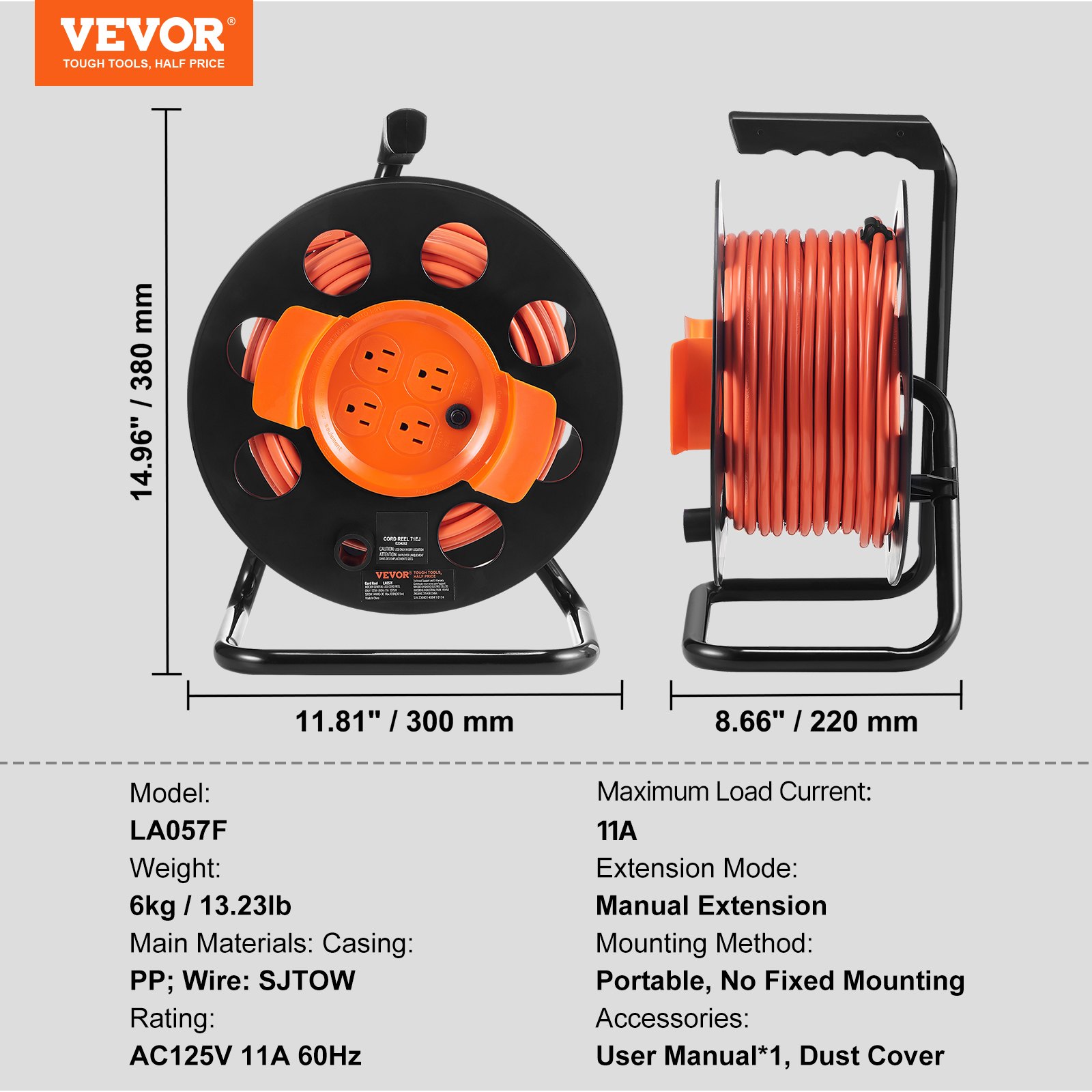 VEVOR - Carrete de cable alargador de 30 m (100 pies), con 4 tomas y cubierta antipolvo, cable de alimentación SJTOW de 14 AWG resistente, manual con asa portátil y disyuntor, para cobertizo de herramientas y garaje, probado según las normas UL.