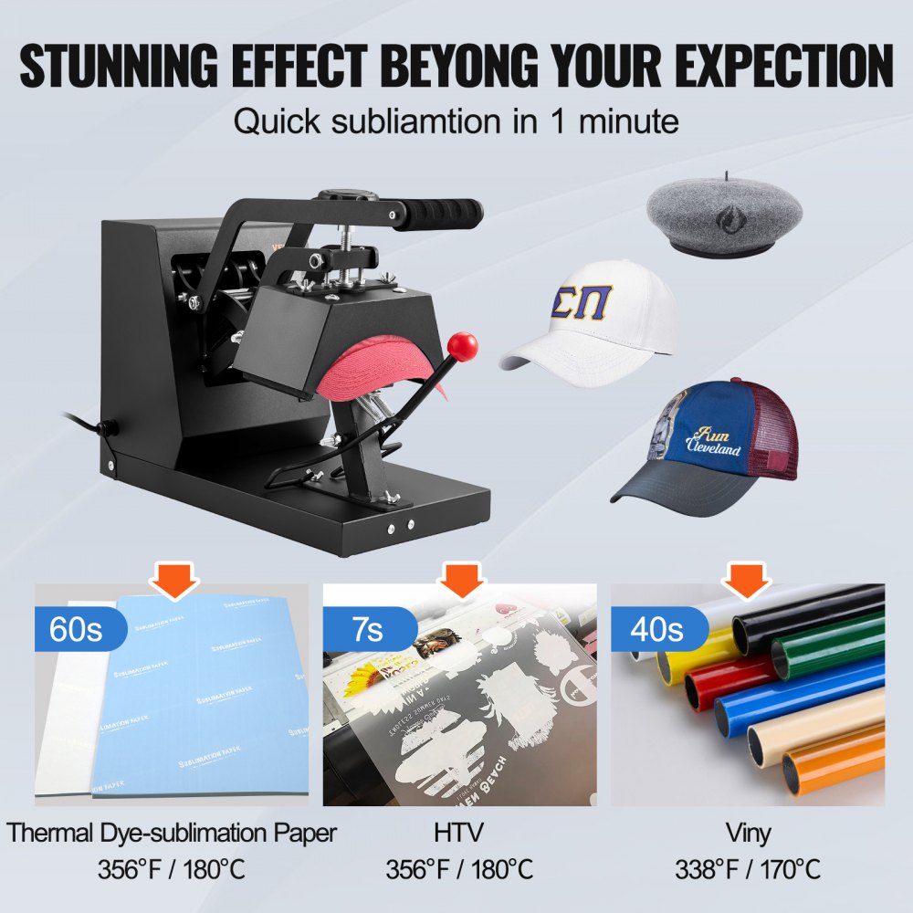 Prensa térmica para gorras VEVOR para sublimación rápida en 1 minuto, que muestra varios sombreros y materiales.
