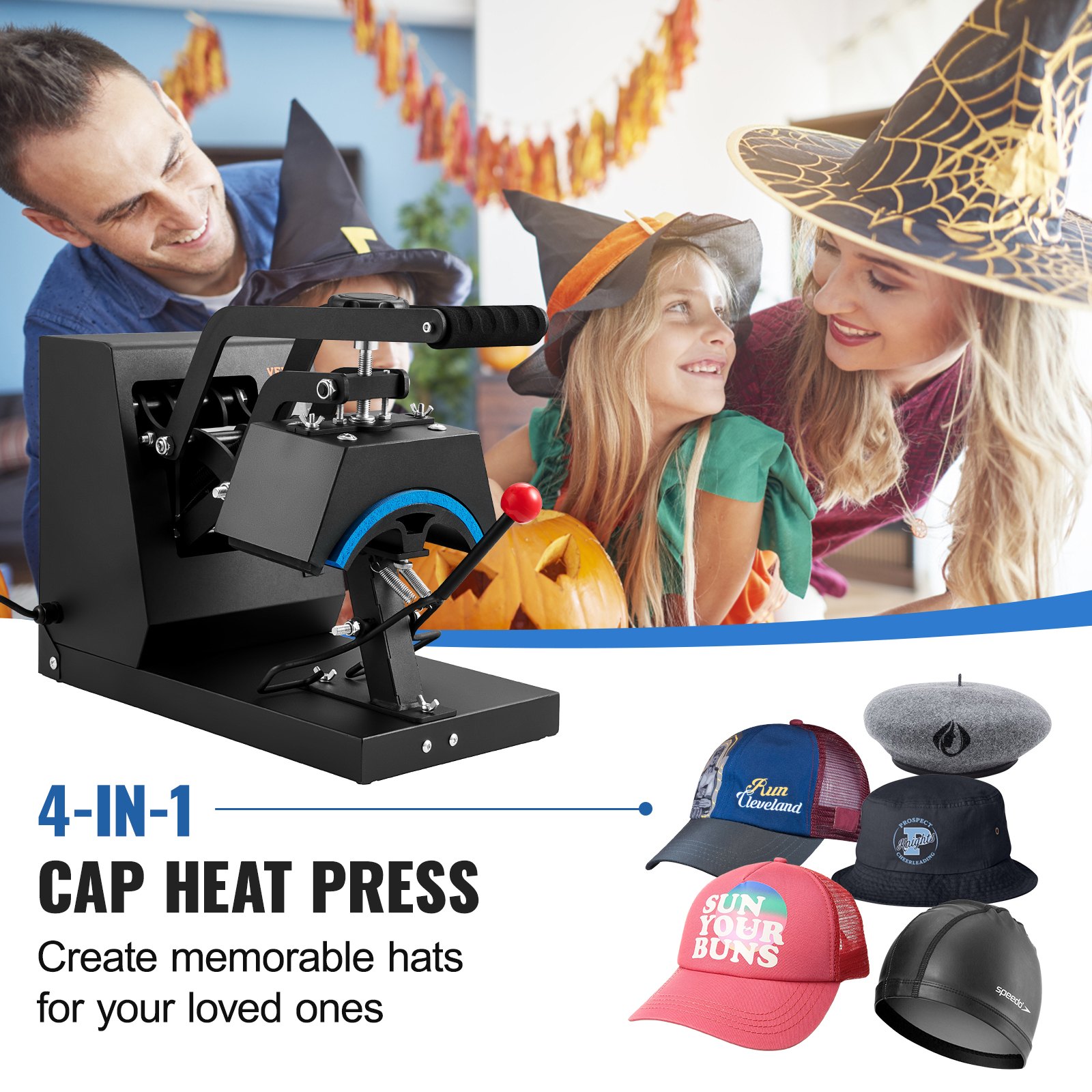 Prensa térmica para gorras VEVOR 4 en 1, gorras con temática de Halloween, niños disfrazados, máquina negra, varias gorras exhibidas.