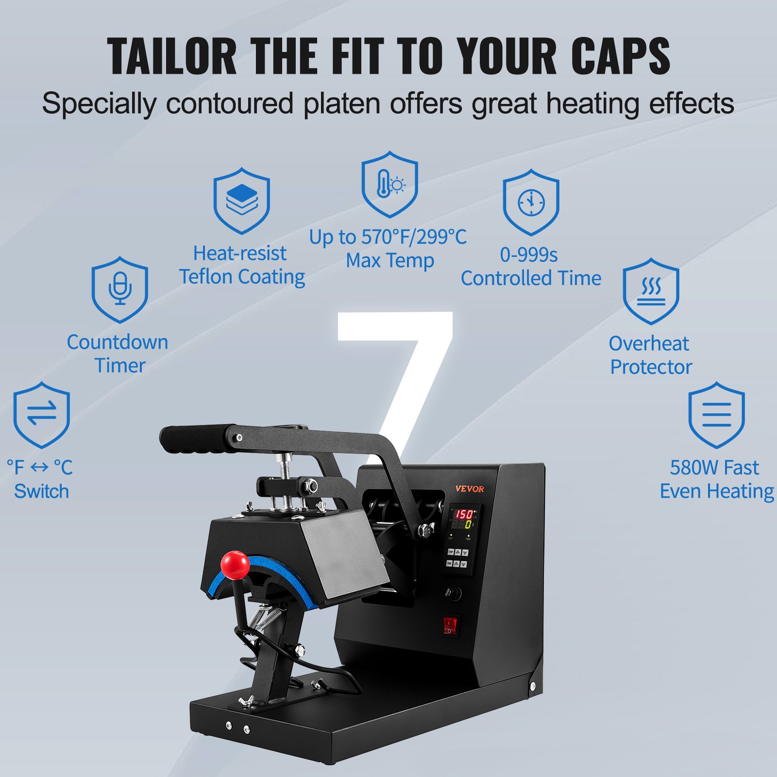 Prensa térmica para gorras VEVOR con revestimiento de teflón, temperatura máxima de 570 °F, temporizador de cuenta regresiva y protector contra sobrecalentamiento.