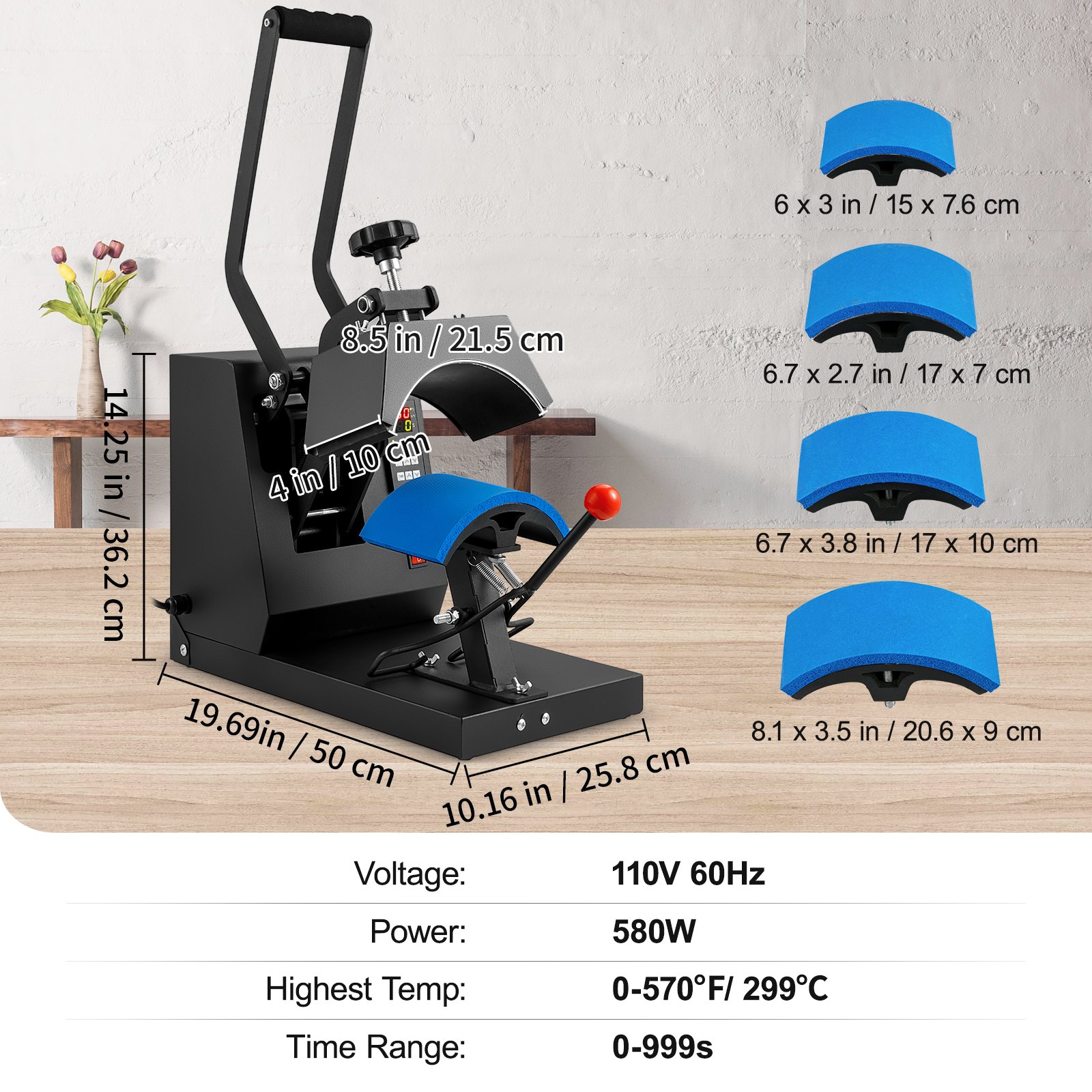Prensa térmica para gorras VEVOR con múltiples almohadillas azules, dimensiones, voltaje, potencia, temperatura y configuraciones de tiempo.