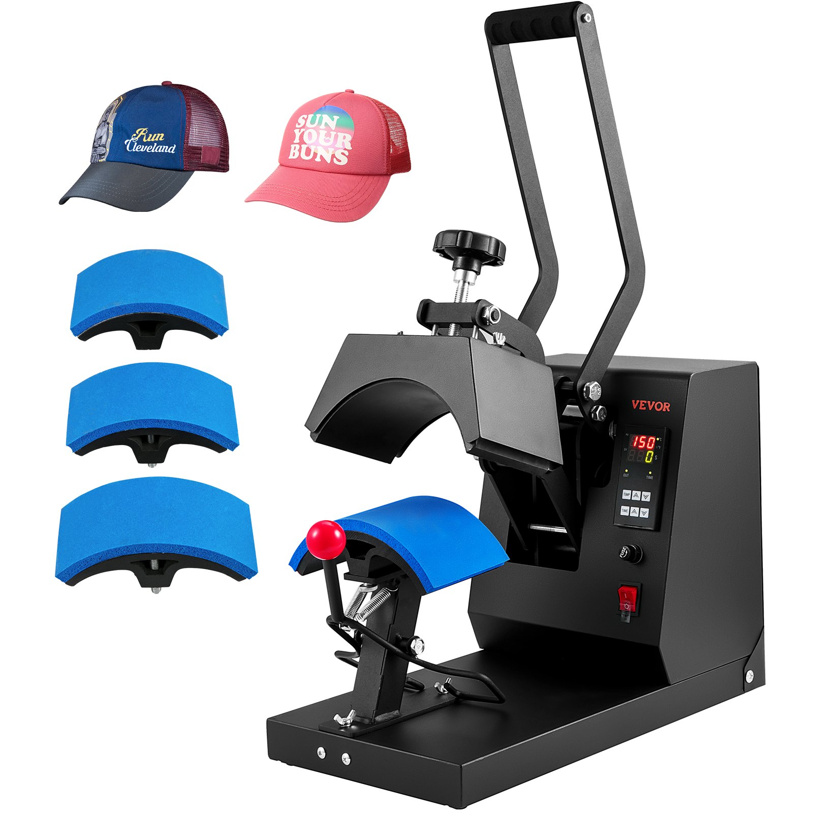 Prensa térmica para gorras VEVOR con pantalla, perilla de ajuste de presión y cuatro moldes curvos azules para impresión de gorras.