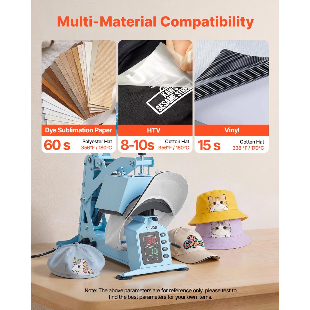 Máquina de prensado térmico VEVOR para sombreros, con 4 placas intercambiables y estirador de gorras, control preciso de temperatura y tiempo, prensa térmica para sombreros y gorras, para proyectos de termoadhesivo y sublimación, color azul claro.