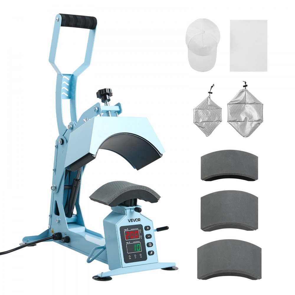 Máquina de prensado térmico VEVOR para sombreros, con 4 placas intercambiables y estirador de gorras, control preciso de temperatura y tiempo, prensa térmica para sombreros y gorras, para proyectos de termoadhesivo y sublimación, color azul claro.