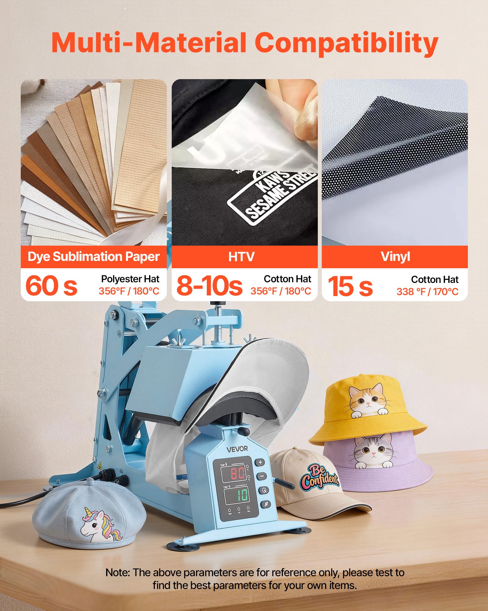 Máquina de prensado térmico VEVOR para sombreros, con 4 placas intercambiables y estirador de gorras, control preciso de temperatura y tiempo, prensa térmica para sombreros y gorras, para proyectos de termoadhesivo y sublimación, color azul claro.