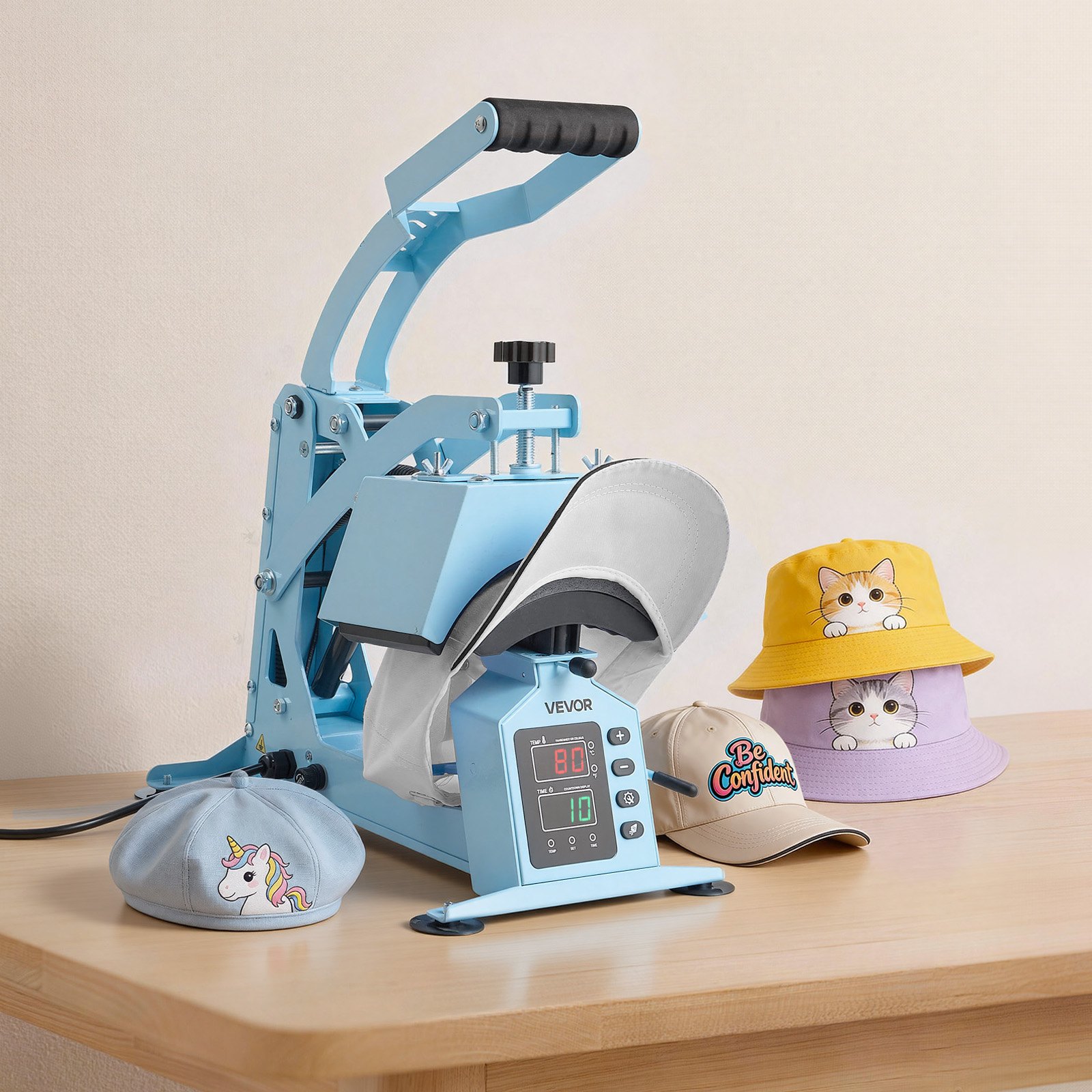 Máquina de prensado térmico VEVOR para sombreros, con 4 placas intercambiables y estirador de gorras, control preciso de temperatura y tiempo, prensa térmica para sombreros y gorras, para proyectos de termoadhesivo y sublimación, color azul claro.