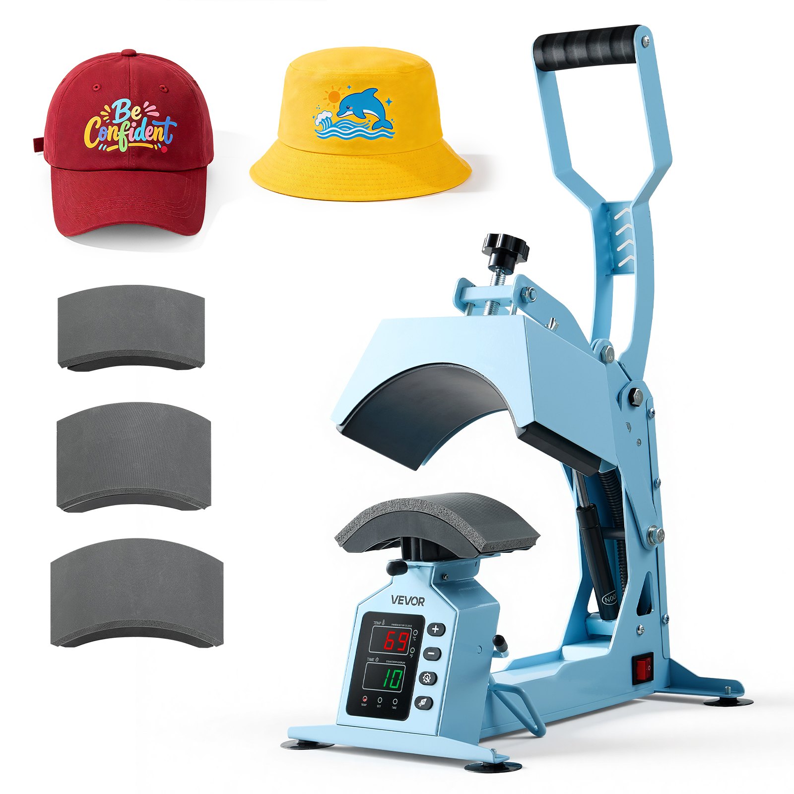Máquina de prensado térmico VEVOR para sombreros, con 4 placas intercambiables y estirador de gorras, control preciso de temperatura y tiempo, prensa térmica para sombreros y gorras, para proyectos de termoadhesivo y sublimación, color azul claro.