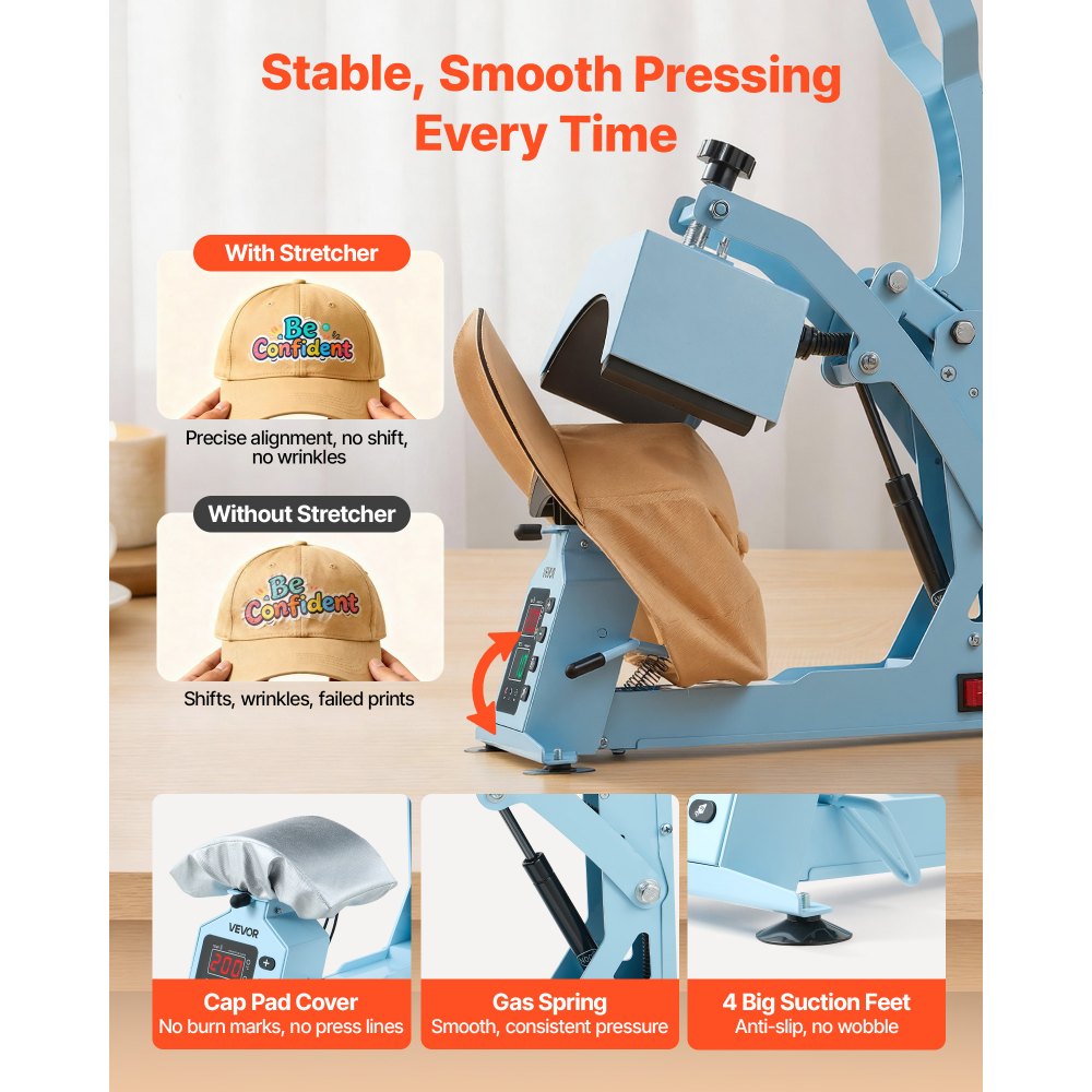 Máquina de prensado térmico VEVOR para sombreros, con 2 placas intercambiables y estirador de gorras, control preciso de temperatura y tiempo, prensa térmica para sombreros y gorras, para proyectos de termoadhesivo y sublimación, azul claro.