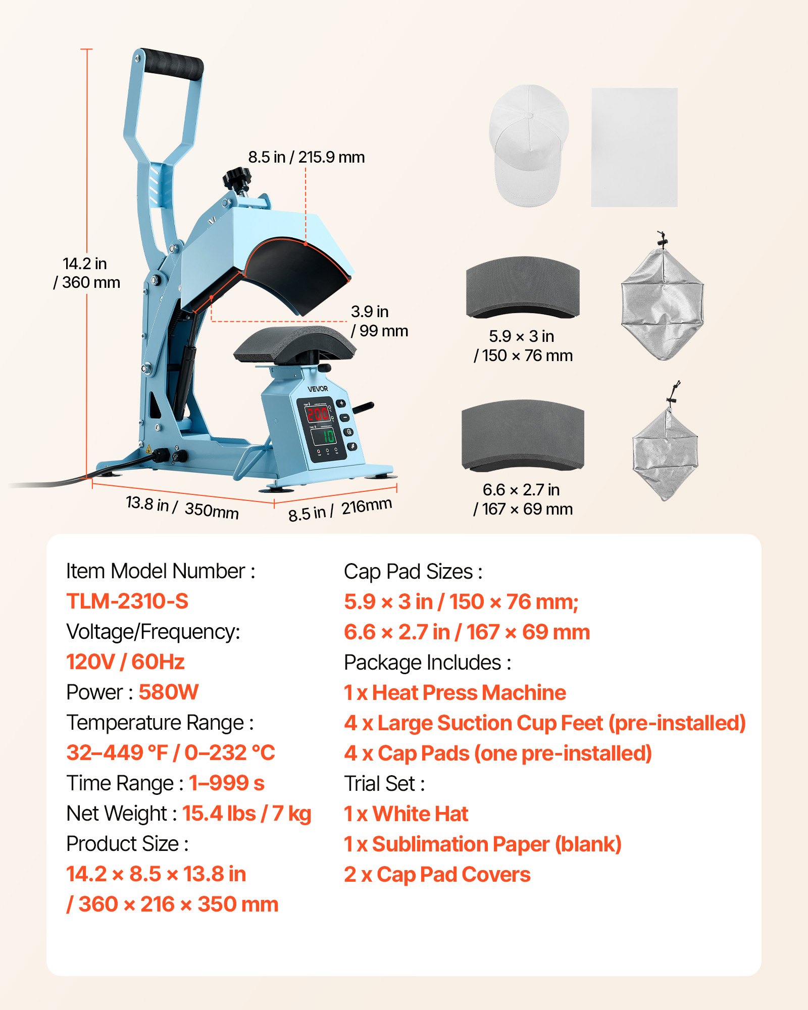 Máquina de prensado térmico VEVOR para sombreros, con 2 placas intercambiables y estirador de gorras, control preciso de temperatura y tiempo, prensa térmica para sombreros y gorras, para proyectos de termoadhesivo y sublimación, azul claro.