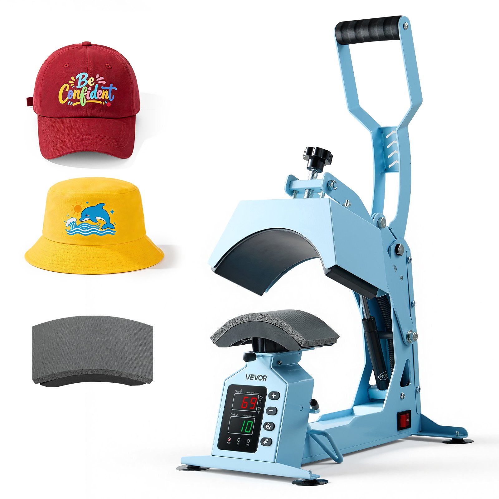 Máquina de prensado térmico VEVOR para sombreros, con 2 placas intercambiables y estirador de gorras, control preciso de temperatura y tiempo, prensa térmica para sombreros y gorras, para proyectos de termoadhesivo y sublimación, azul claro.