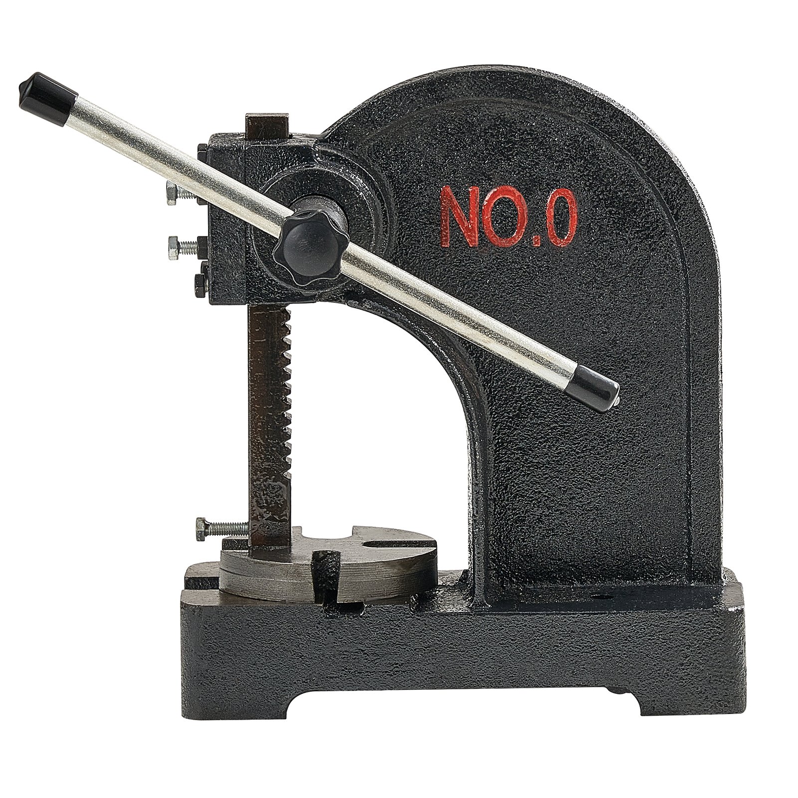 Prensa de husillo VEVOR con palanca negra, etiquetada con el n.º 0 y base metálica resistente.