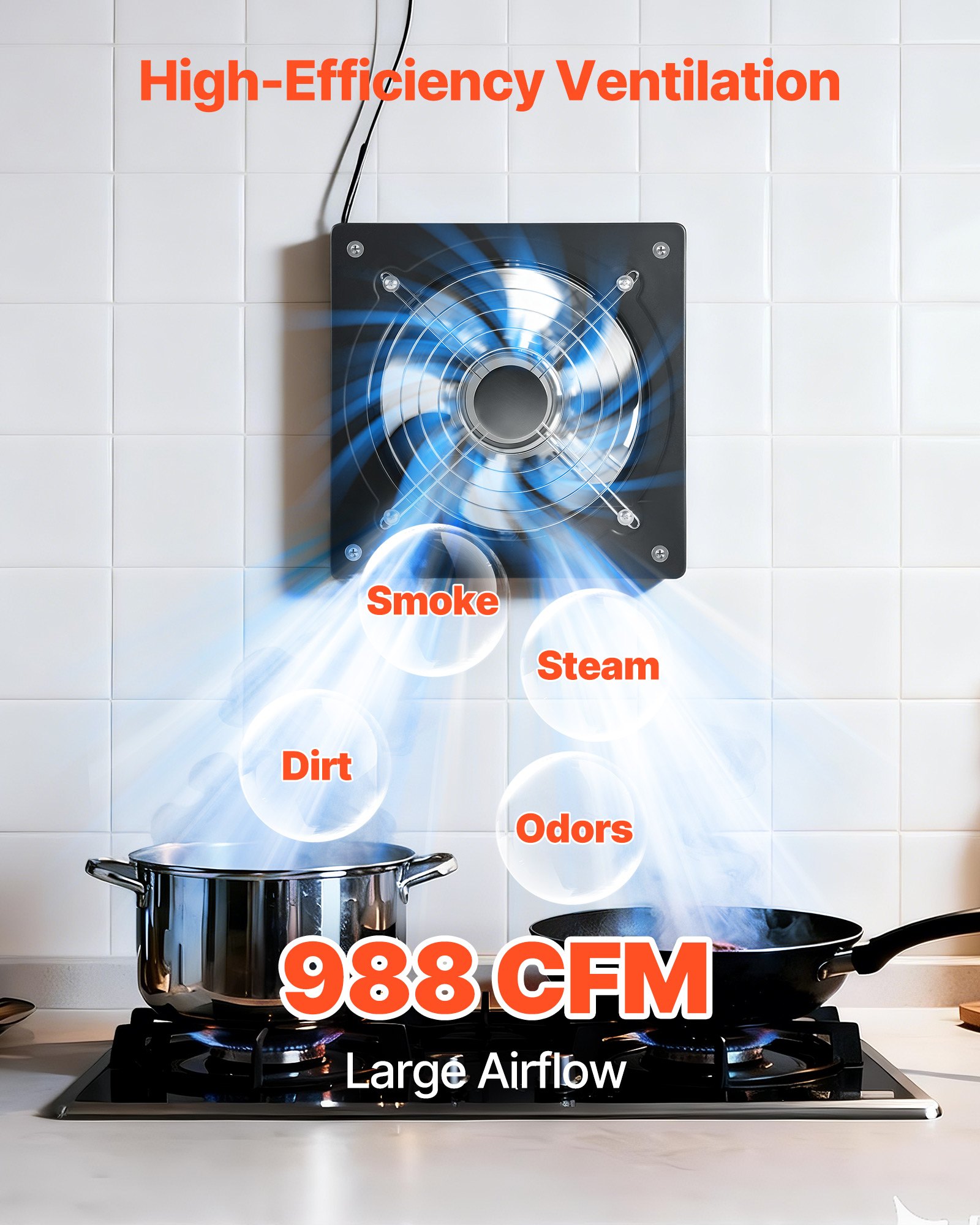 Ventilador extractor VEVOR de 10 pulgadas, 988 CFM, ventilador de pared de alta velocidad con control de encendido/apagado, bajo consumo, extractor de ventilación portátil para ático, garaje, sótano, taller, cocina, gallinero, negro.