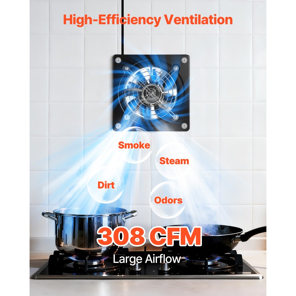Ventilador extractor VEVOR de 6 pulgadas, 308 CFM, ventilador de pared de alta velocidad con control de encendido/apagado, bajo consumo, extractor de ventilación portátil para ático, garaje, sótano, taller, cocina, gallinero, negro.