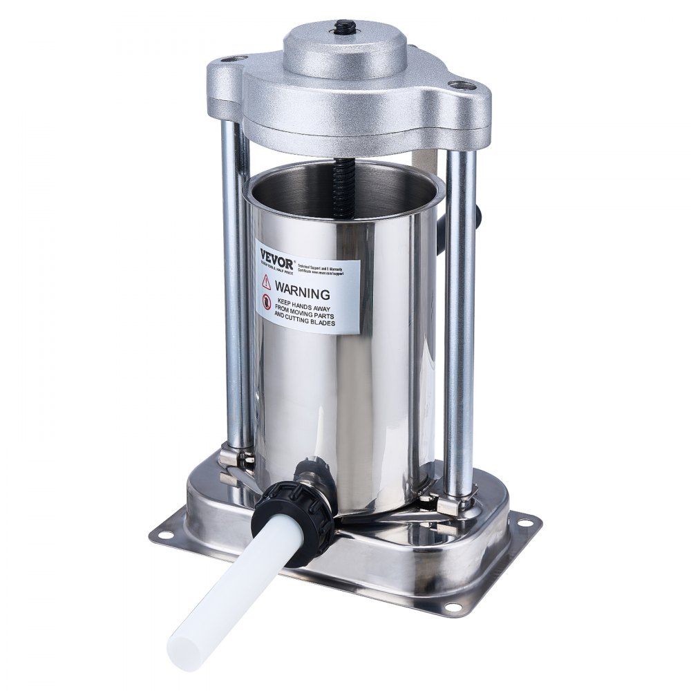 Embutidora de salchichas VEVOR con cuerpo de acero inoxidable, base resistente y tubo vertical para llenar salchichas.