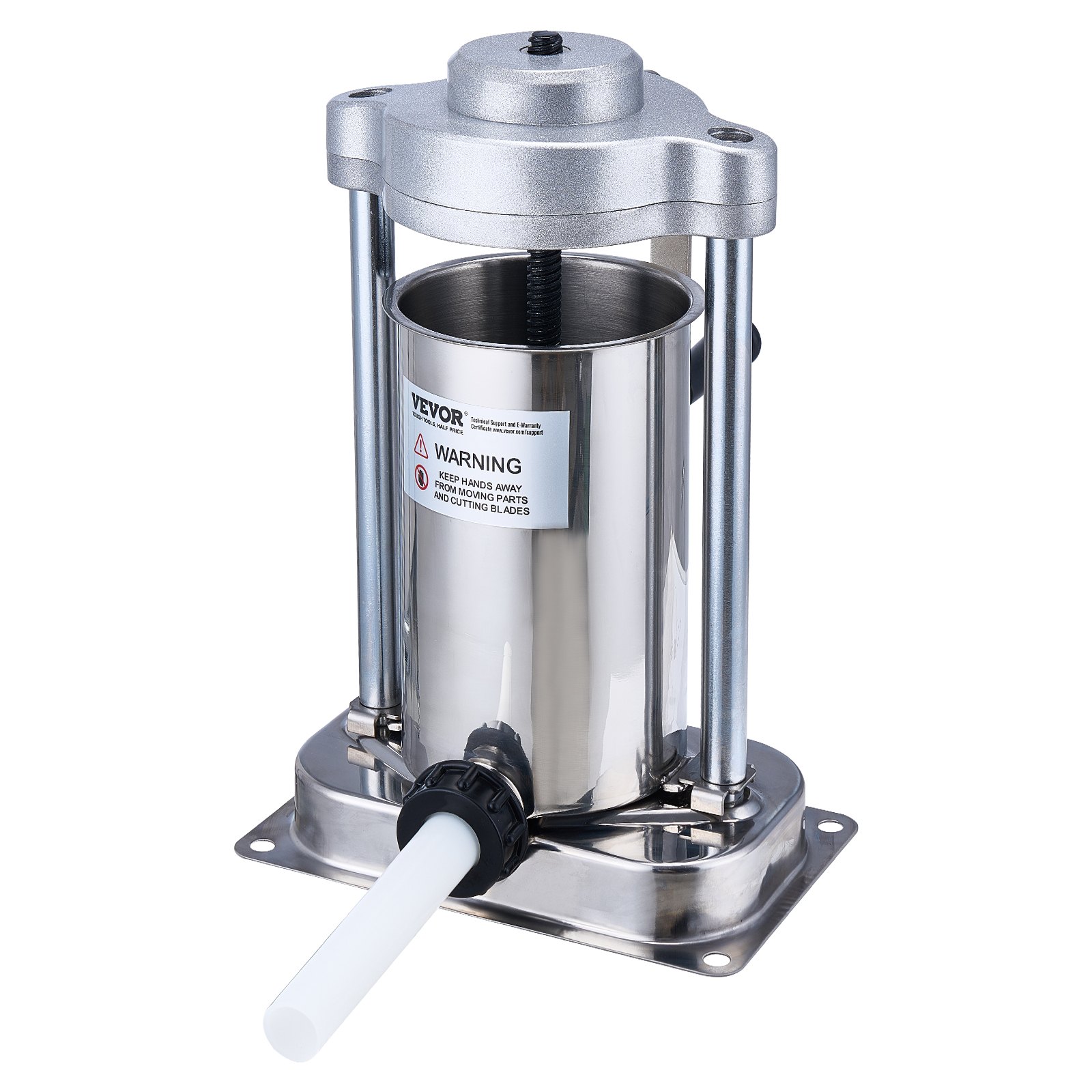 Embutidora de salchichas VEVOR con cuerpo de acero inoxidable, base resistente y tubo vertical para llenar salchichas.